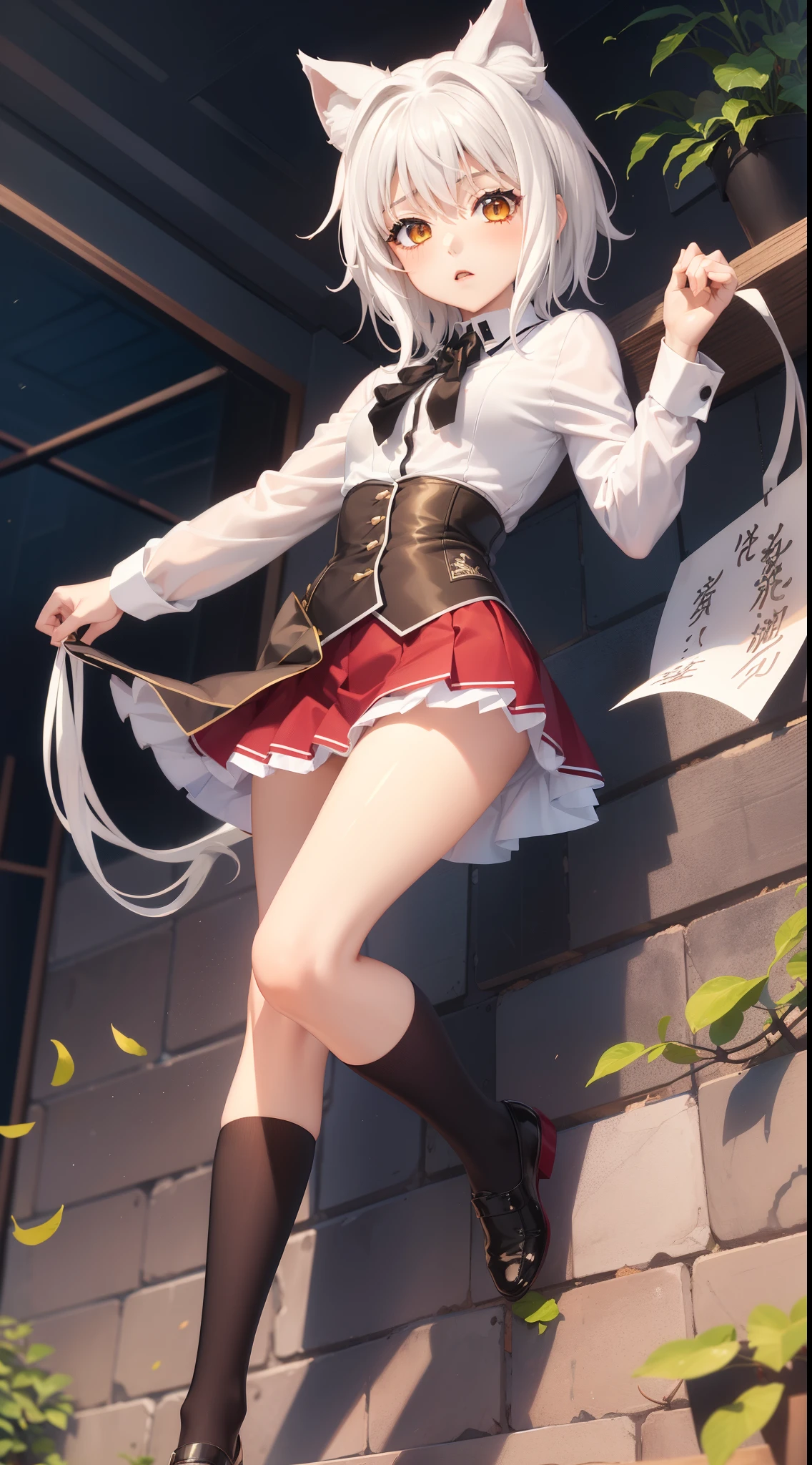 Koneko Siempre (DxD), 1girl, cana, pelo corto, (Uniforme de Koneko:1.4), Uniforme escolar, Camisa blanca, falda, falda roja, cinta negra, Obra maestra, Black corset, hasta la rodilla, Calcetines negros, En pie,