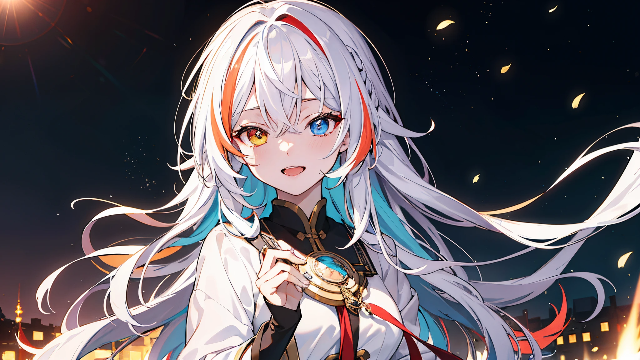{{tmasterpiece}}，Best quality，Very detailed CG unified 8k wallpaper，电影灯光，lens flare glow，Beautiful detailed eyes multi colored hair，Colorful light，Particulate matter，heterochromatic，（One color：1.5）， （Hair color：1.5），