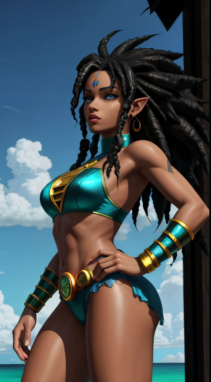 Portrait of an African-American female, with dark black dreadlocks, purple eyes, dark brown skin, pointed ears, small nose, sexy combat attire, skimpy attire, close-up shot, perfect composition, hyper-detailed, 8K, high quality, perfect eyes, trending art, trending on artstation, sharp focus, studio photo, intricate details, by Matteo Scalera, NSFW