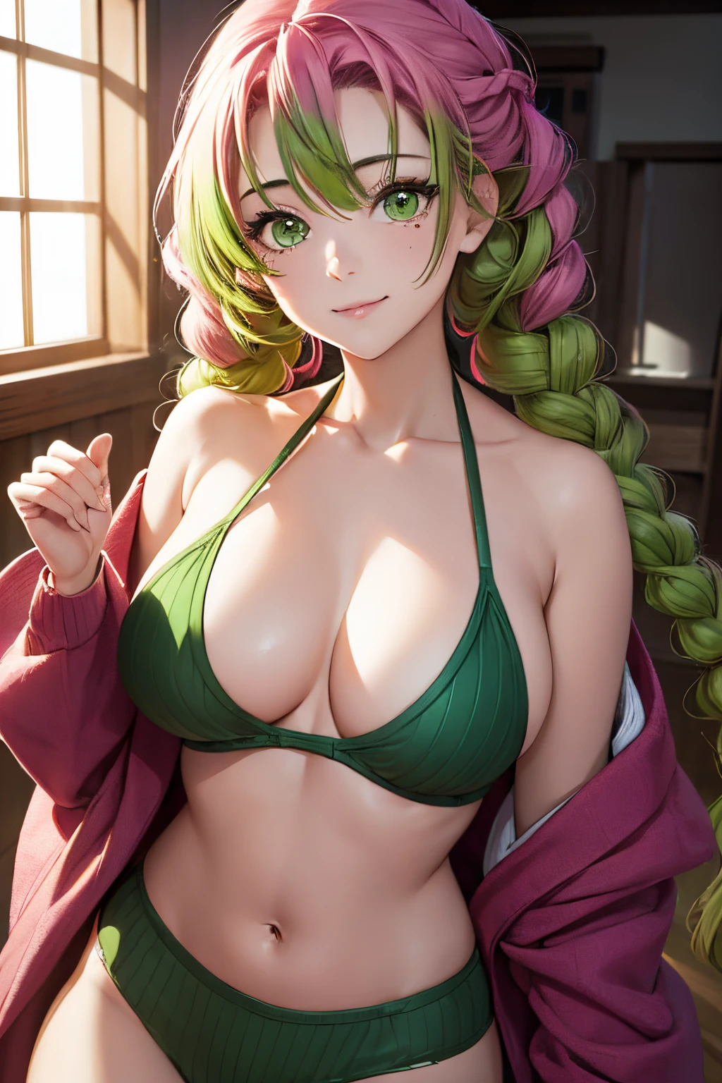 masutepiece, Mitsurikan Log, mitsuri kanroji, braid, Gradient Hair, (Green eyes:1.5), Green hair, Long hair, Mole, Mole under the eyes, multicolored hair, Pink hair, Twin braids, Two-tone hair, cleavage, BREAK looking at viewer, Break indoors, BREAK (masutepiece:1.2), Best Quality, High resolution, Unity 8k壁纸, (Illustration:0.8), (Beautiful detailed eyes:1.6), extra detailed face, Perfect Lighting, extremely details CG, (Perfect hands, Perfect Anatomy),colourful hair, The whole body  reflected, (Off-the-shoulder costumes:1.5), ((chest wide open and exposed)), (Smile), ((undergarment)), ((Torn clothes)), ((The bikini)), , ((Torn clothing))