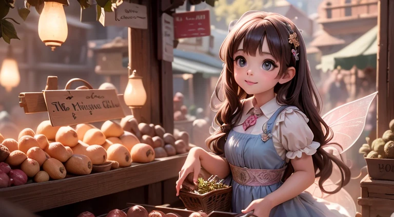 masterpiece, best auqlity, a cute ((fairy)) shopping at a market, fairy dress, fairy village, Cinematic Light, Ray tracing, Depth of field, light source contrast,
