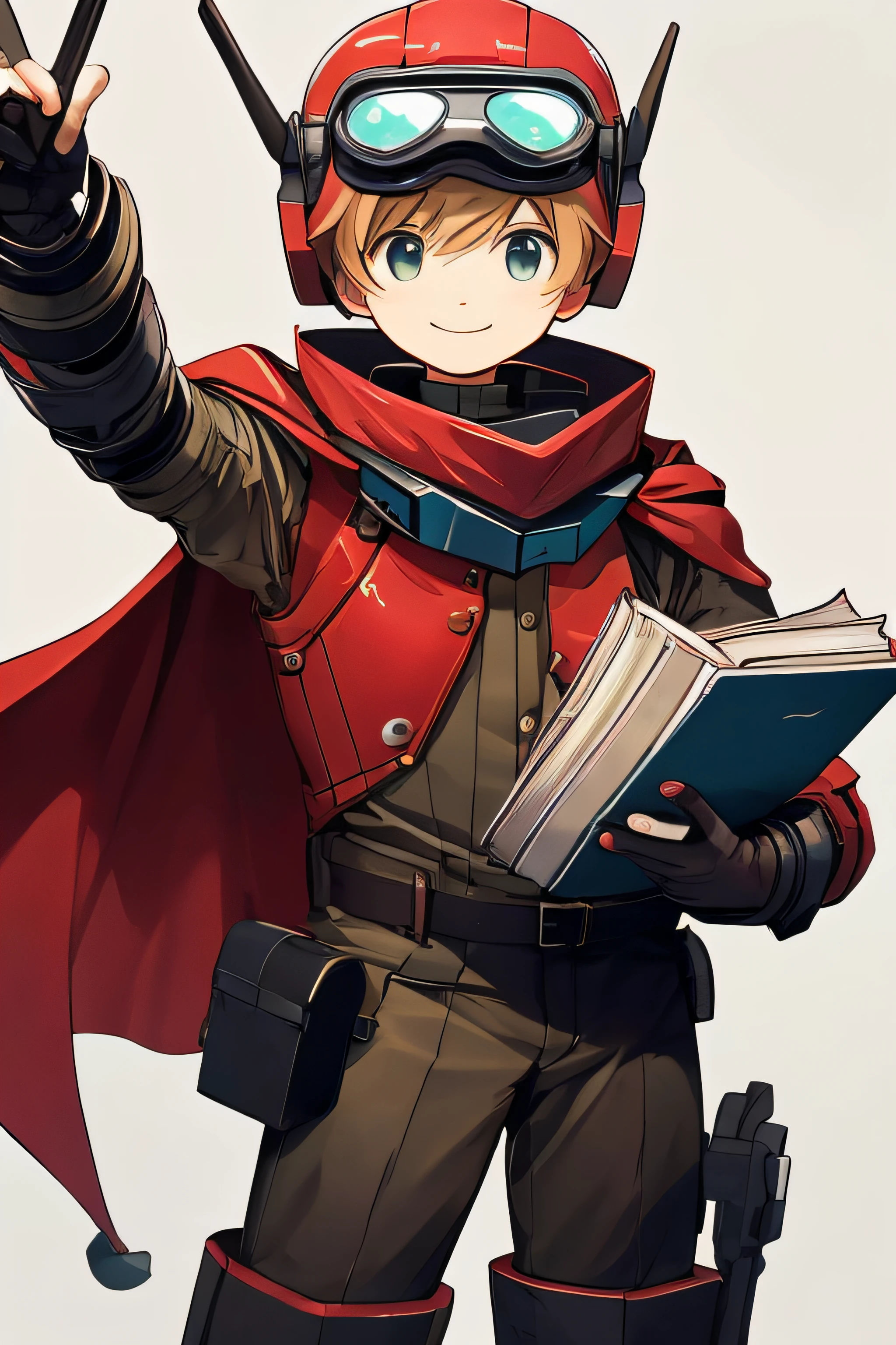 for 6 years old, A young boy with, humanoid robots, Costume de mecha, Archivist, Wear a full face helmet, goggles, light smile, Put on a red cloak, Carry 3 books, Raise your right hand, Self-confident, in the archives