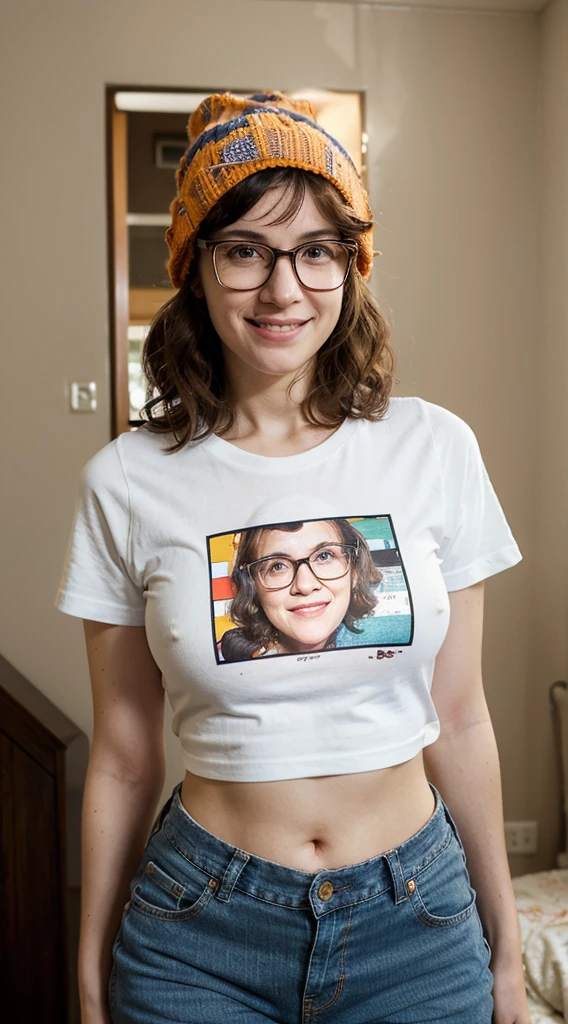 arafed woman with glasses and a knitted orange hat, rebecca sugar, taken in the early 2020s, valentina remenar,  with a weird hat, elizabeth saltzman-valentina remenar-nora ephron-stephanie beatriz-carrie fisher-sally hawkins merged, entire body visible, very nerdy, geek, tomboy, rough looking face, very ugly face, homely, poor posture, saggy breasts, pale skin, disheveled brown curly hair, nerdy smile, smiles like napoleon dynamite, small beady eyes, thick nerdy glasses, wearing high waisted jeans and a colorful vertical striped loose fitting tshirt, slightly chubby belly, out of shape, acne on her face