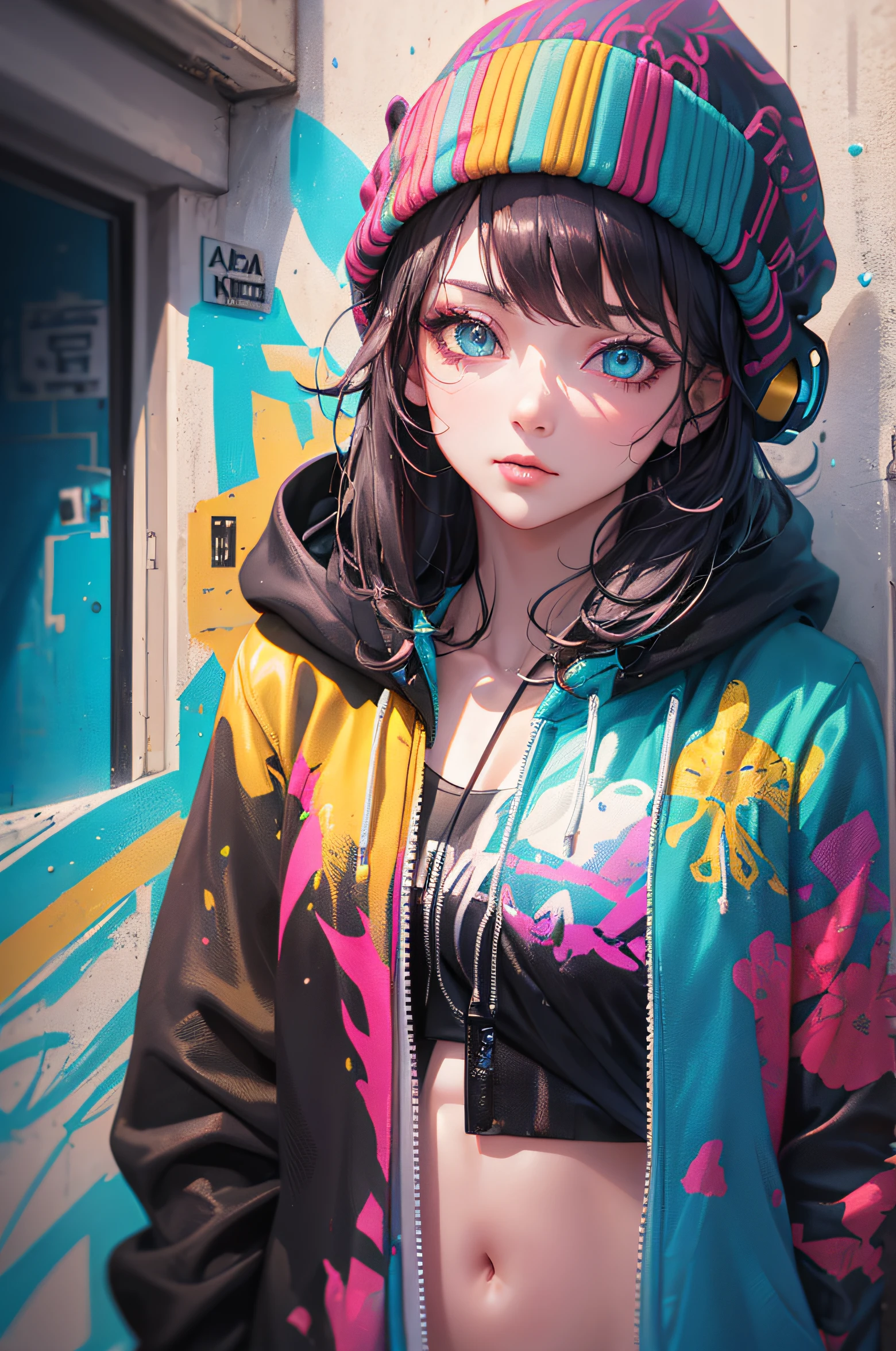 (Masterpiece:1.2), best quality, (illustration:1.2), (ultra-detailed),Eye focuasterfully crafted Glow, pink lens flare), (Cinematic background), hyper details,(delicate detailed), (intricate details), octane render, hdr, (hyperdetailed:1.15), (((colourful))),(soft light:1.2), 1girl, beautiful girl, ultra detailed eyes, mature, plump, thick, rainbow painting drops, paint teardrops, man made up from paint, entirely paint, splat, splash, (outside), (bioluminescent hair:1.1),(glowing eyeakeup)),(Cinematic masterpiece), fierce, powerful, splashes of colour absolutely eye-catching, (Cinematic headlight), (realistic bounce lighting:1.2),((caustic)), dynamic angle, beautiful detailed glow, ambient occlusion, ambient light, raytraced reflectionest illumination, an extremely delicate and beautiful), ((cinematic light)), (soft:2), (whimsical:2) , intricate background, vibrant, dreamscape, (painting graffiti:1.3), (glowing tail), (painted city landscape), (),(realistic fashion), (expressive:1.2), good form, athletic , (mirrored world), (long flowing black hair:1.1), wavy hair, (colourful hair highlights),(Cyberpunk Techwear Japanese Streetwear Longline Hoodie),(Cyberpunk Streetwear Kanji Joggers), glowing headphones, beanie, (graffiti wall), unfinished graffiti, ghetto,(looking at wall:2),black hoodie, (backwall present),(holding spraycan:1.3), (colourful mist), buckles, belts, straps, a girl standing in front of a graffiti wall, cyberpunk art, by LAM, Mika Pikazo, graffiti, techwear jacket, black gloves, with buckle and tape,