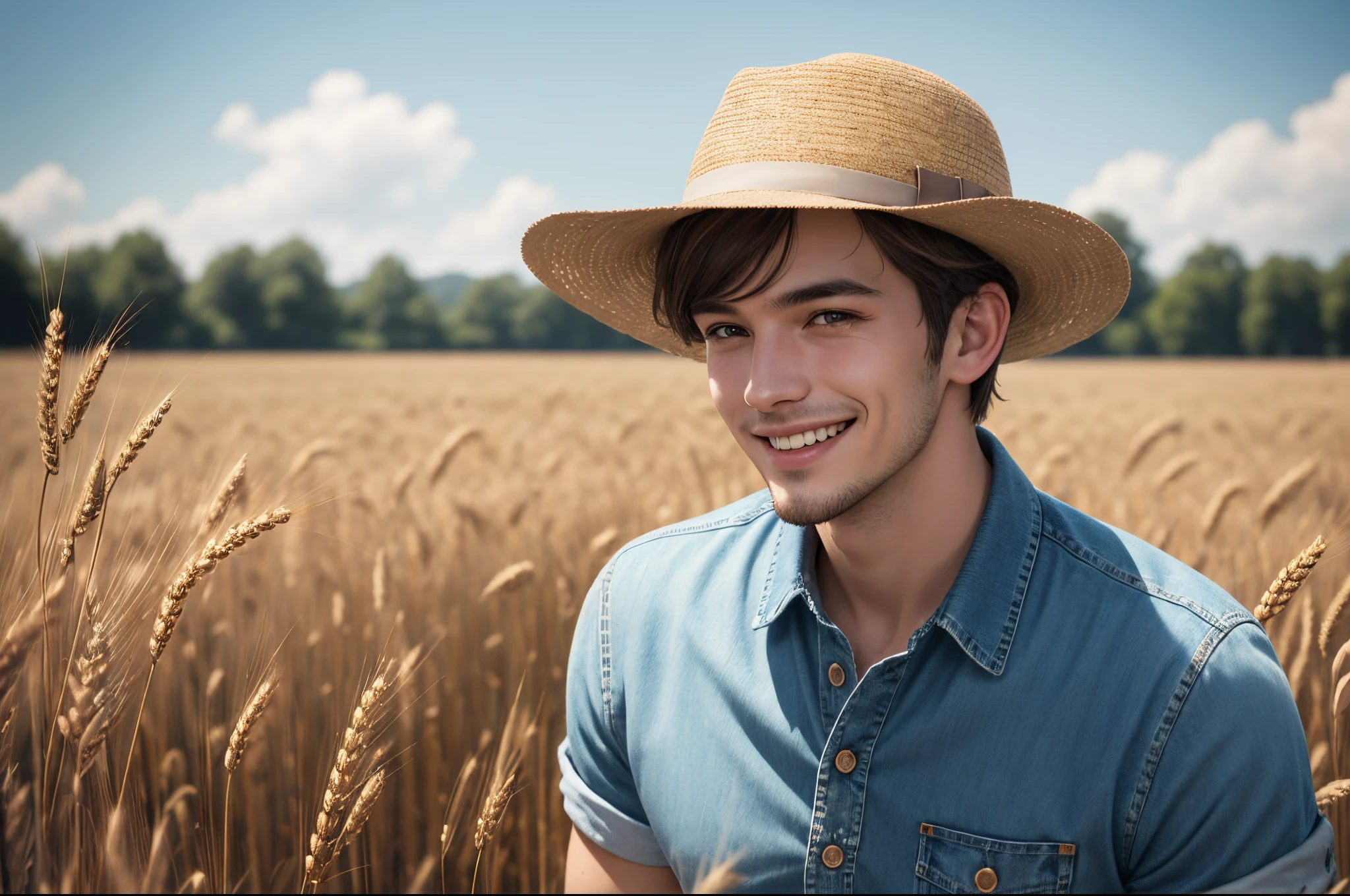 25-year old man, caucasian, short brown hair, grinning, wearing jeans and t-shirt, wearing old farmer's hat, farmer, muscular, in field of wheat, extremely detailed CG unity 8k wallpaper, intricate details, portrait, solo, detailed background, bokeh, raytracing, realistic textured skin, particle effects, depth of field