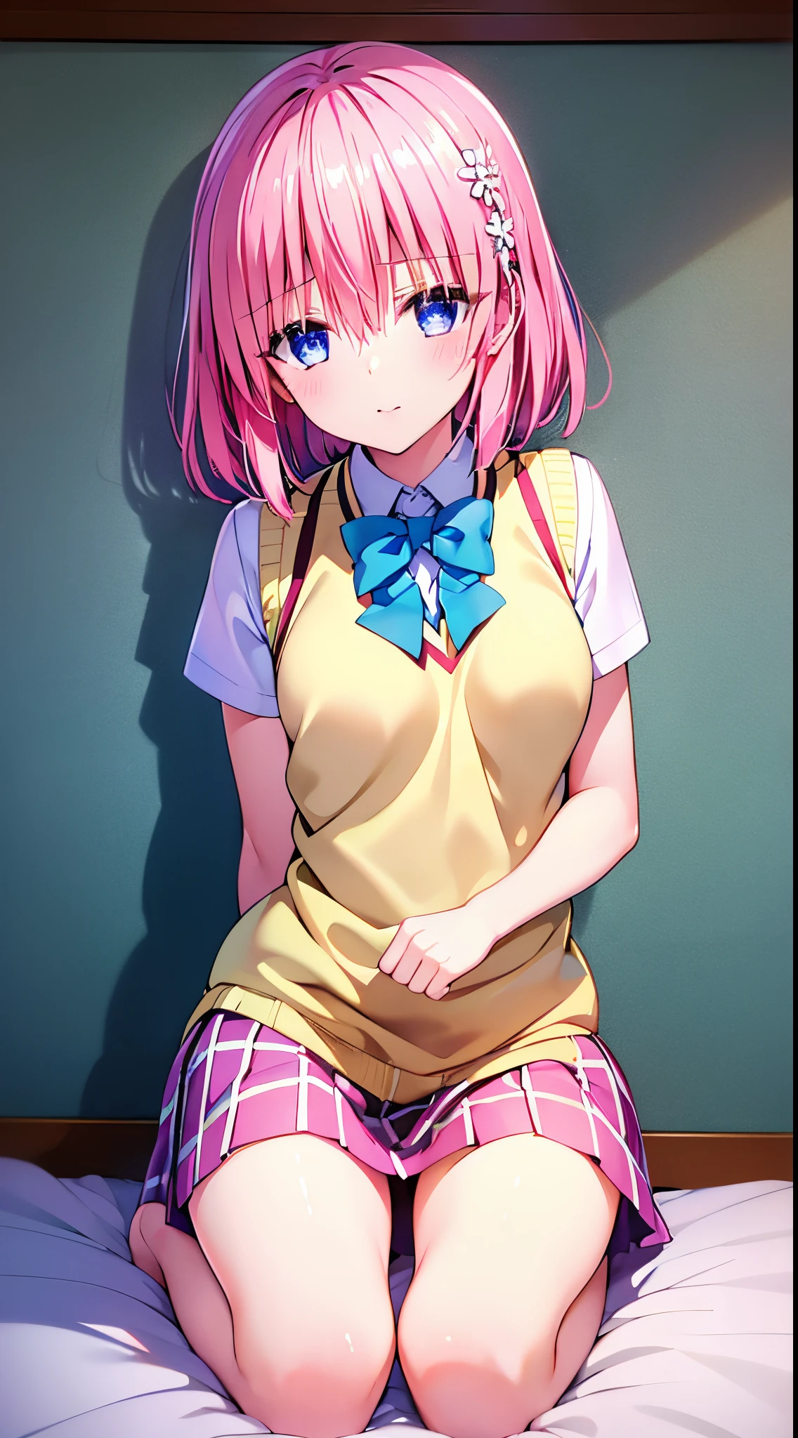 (Best Quality,4K,hight resolution,masutepiece:1.2),Ultra-detailed,Realistic:1.37,Illustration,Beautiful Girl,Charming bedroom,Pink hair,Long hair,Pink pleated skirt,pink sailor suit,Short sleeves,Huge breasts,nabel,Lifting the skirt with your hands,Showing white panties,Lift skirt to expose panties,Barefoot,Blue eyes,on the bed,lovely thighs,glowing thigh,Pastel colors,Soft lighting、Smirk、Imarachio、cumdrip、Female masturbation、 Juice、femaleejaculation