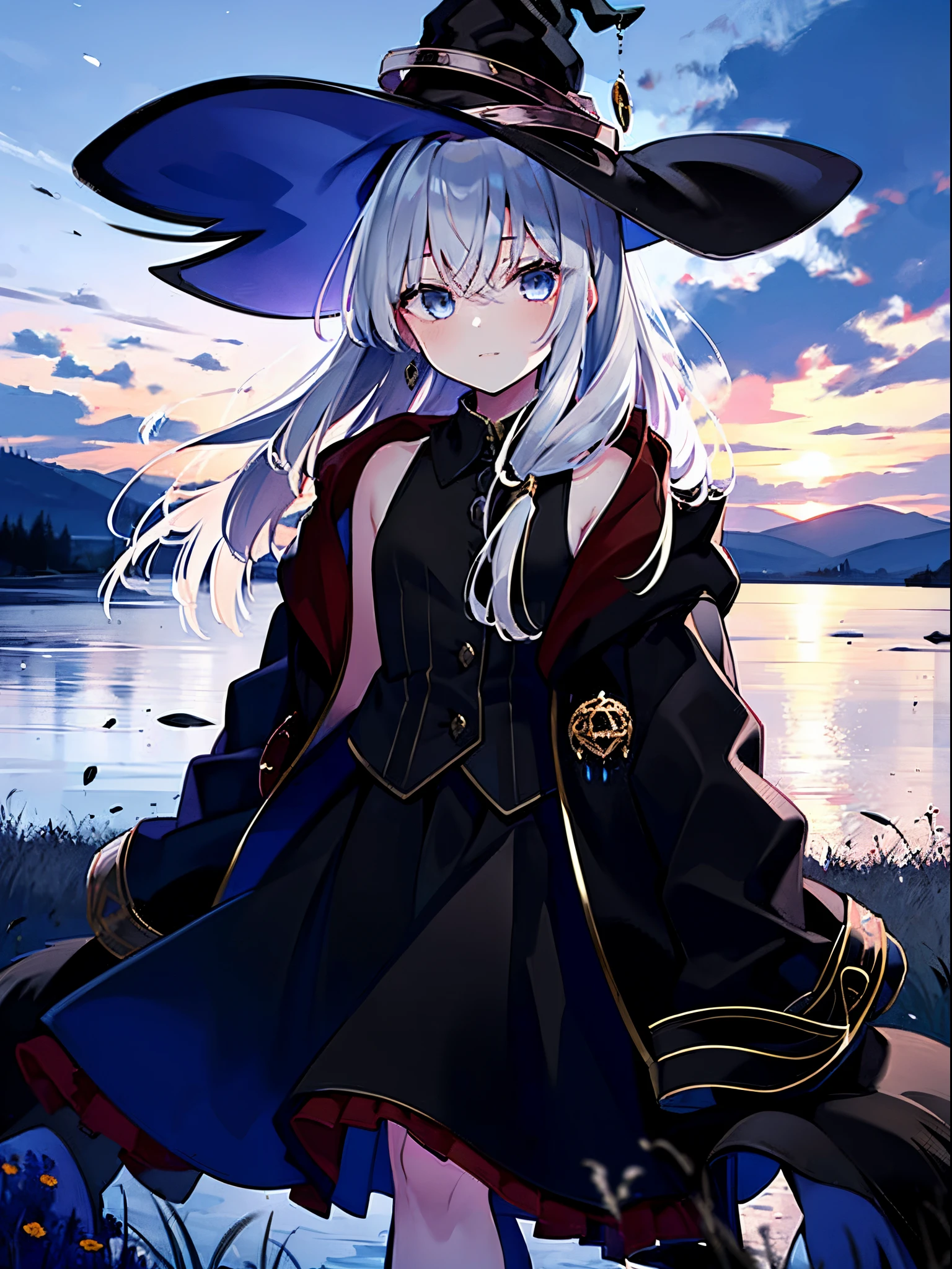 (masterpiece,best quality,ultra-detailed),1girl, black shirt,dark red skirt, striped skirt,black jacket, human witch, black witch hat,in a meadow, night,(grey theme),(pastel colors theme)