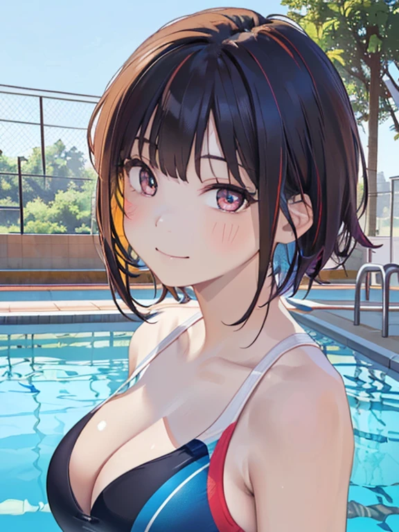 ((masterpiece、top-quality:1.5、a high chroma:1.5、ultra-detailliert、high-resolution illustrations:1.5、Ultra-high-definition CG、8k size wallpaper、offcial art))、((front view:1.8)),(1woman,),(cute face:1.5,cute eyes:1.5)、((face:1.5)),((close to viewer:1.8,face only:1.5)),((Close to the viewer:1.8、only face:1.5))、
(forced smile:1.3)、(sexy body),(standing),(competition swimsuit:1.5)、,(multicolored hair:1.5), (large breasts:1.5)、(Portrait:1.8),(portrait:1.8),(curvy:1.3)、(Portrait:1.8)
,(Shining amber eyes:1.5),(midsummer outdoor pool:1.5)、(upper body)、