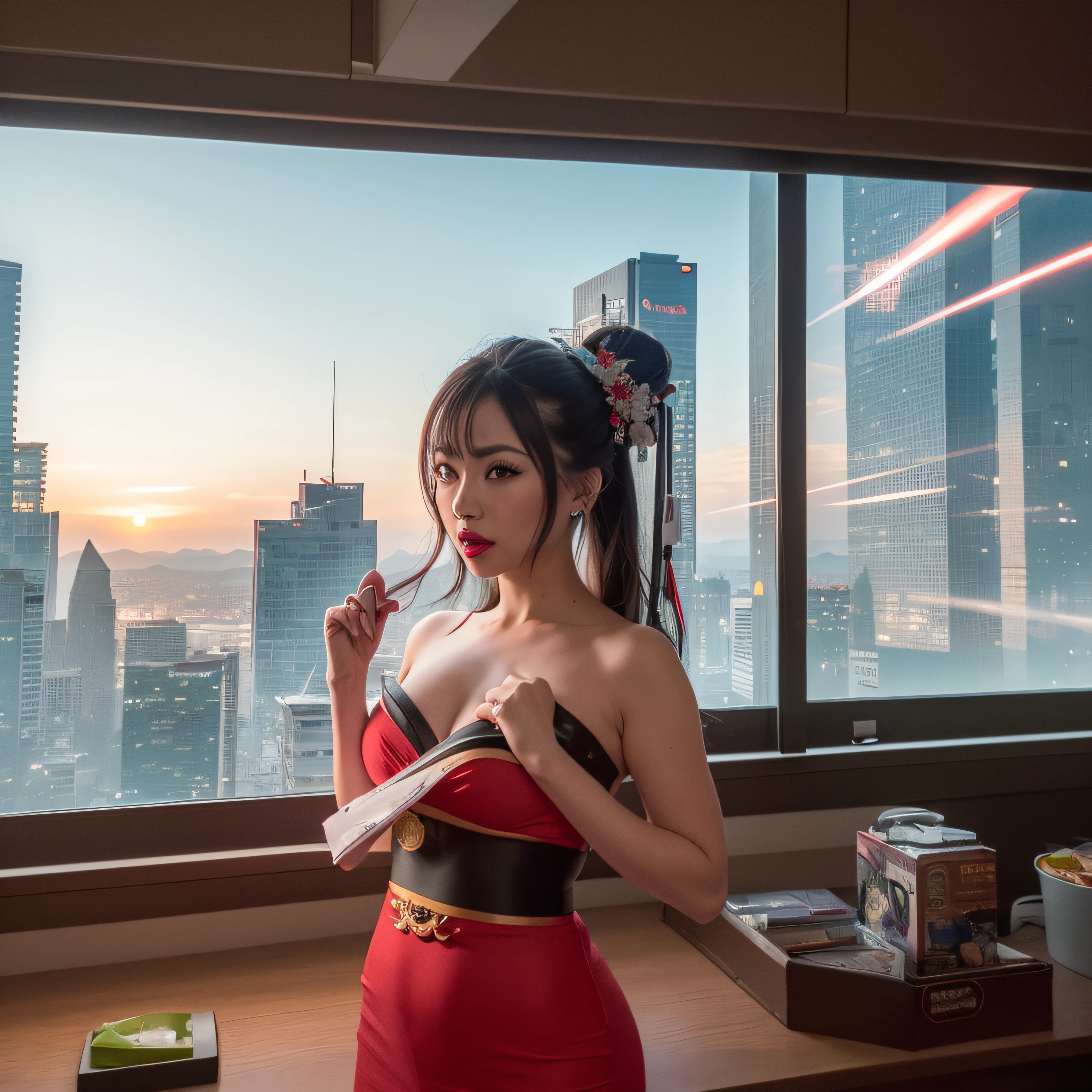 ((calidad superior)), ((obra maestra)), ((realista)), (Los detalles), (fotorrealista:1.5), (sexy geisha with red lips) Science-Fiction, HDR, Trazado de rayos, NVIDIA RTX, Los ultra-Highres, Irreal 5, Sub-Surface Scatterring, PBR texturizado, Post-procesamiento, Anisotropic filtering, Profundidad de campos, maximum sharpness and sharpness, Regla de los tercios、8K RAW、(Luminescent Particles:1.4)、(super-detailed CG、Unidad 8k Fondos de pantalla、lighting like a movie、destello de lente、foco nítido.  sexy geisha with red lips, Robotic Parts, Cannon fire, Arte cyberpunk、arquitectura cyberpunk