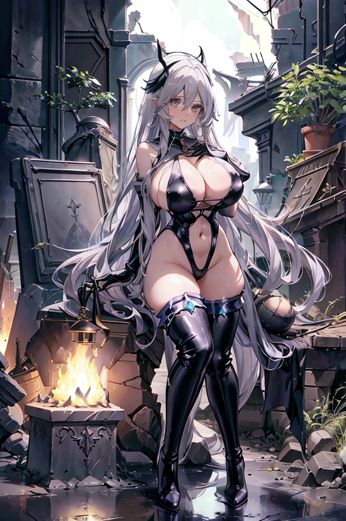 Fantasia、tall girl、sorcerer、very large udder、silber hair、The long-haired、latex suit、thigh-high socks、long boots、Anime style、PastelColors、cleavage of the breast、Navel、Collapsed ruins、long lashes、A detailed eye、detailed lips