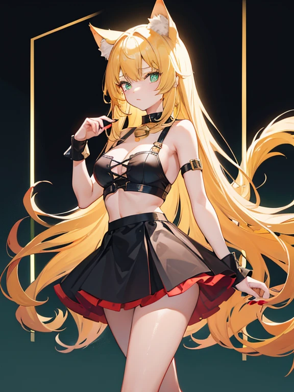 A girl, long blonde hair, large breasts, blonde pointed Neko cat ears, lime green light cat eyes, long red painted fingernails, wearing a black collar with bells, a red crop top with a deep neckline, a black short mini skirt with black tights, high black heeled boots, with a blonde cat tail, stands tall in a city, high res, ultrasharp, 8K, masterpiece