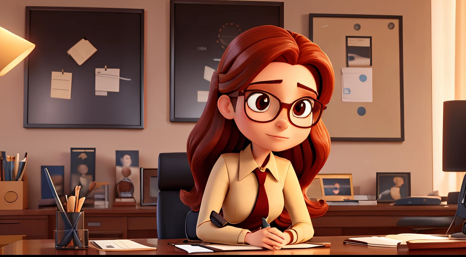 Uma mulher advogada, serious and chic with long, straight red hair, brown eyes wearing glasses, medium mouth, with beige dress pants and black dress blouse, salto alto preto, In a fancy law firm