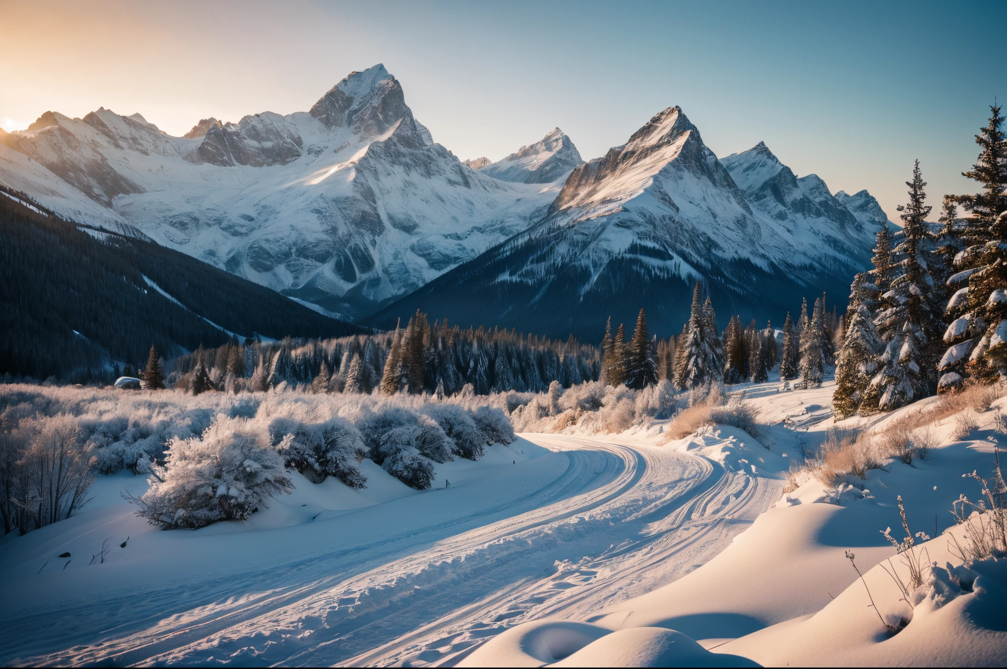 Snowy mountain peaks bathed in soft morning light, with a lone deer grazing in the valley below.