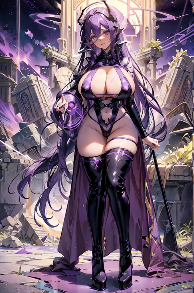 Fantasia、tall girl、sorcerer、very large udder、Purple hair、The long-haired、latex suit、thigh-high socks、long boots、Anime style、PastelColors、cleavage of the breast、Navel、Collapsed ruins、long lashes、A detailed eye、detailed lips