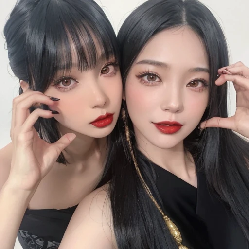 two Asian women with long black hair and red lipstick posing for a photo, Ulzzang, com preto, Nixeu e Sakimichan, Lalisa Manobal, Ela tem cabelo preto com franja, sao 8 k, pixivs e junji ito, 👅 👅, both have red lips, com hera, O corte Hime, Shikami