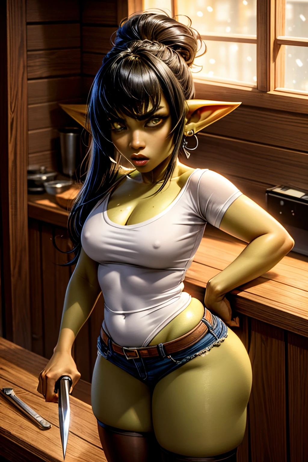 (masterpiece), (extremely intricate:1.3), goblin female, small and short, long pointy ears, sharp teeth, (large plump lips), slutty Latina face, (green skin), long black hair, very long high ponytail, hair bangs, sakimichan, ((wears white sleeve shirt)), (looking at viewer:1.4), (thigh high), skinny,(petite body), ((small flat chest)), silver earring, indoor, (shorts), detailed skin, inside wooden cabin, wide hips, snowing outside, dark, face focus, (night time), detailed face, 1girl, solo, (long eye lashes), sharp teeth, mouth open, red plump lips, (white shirt), (((angry)), standing on staircase indoors, from above, ((holding knife))