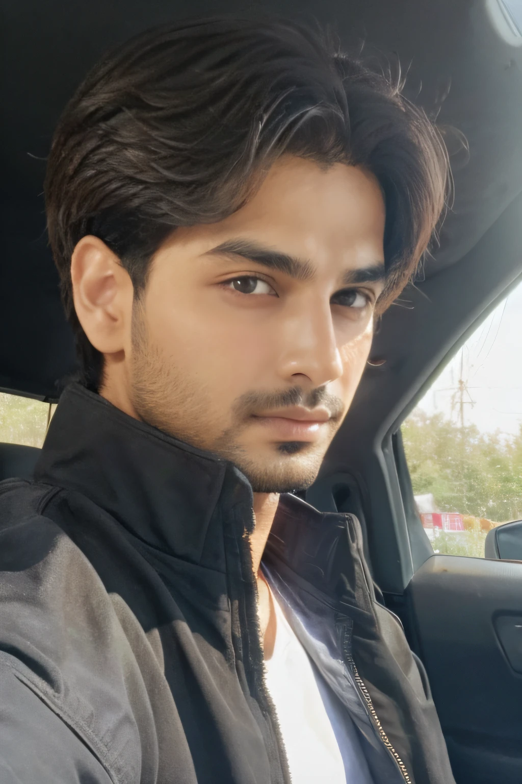 Create a Handsome boy name "Aarav Khanna" age 22 wearing black jacket driving car, mobile selfie click