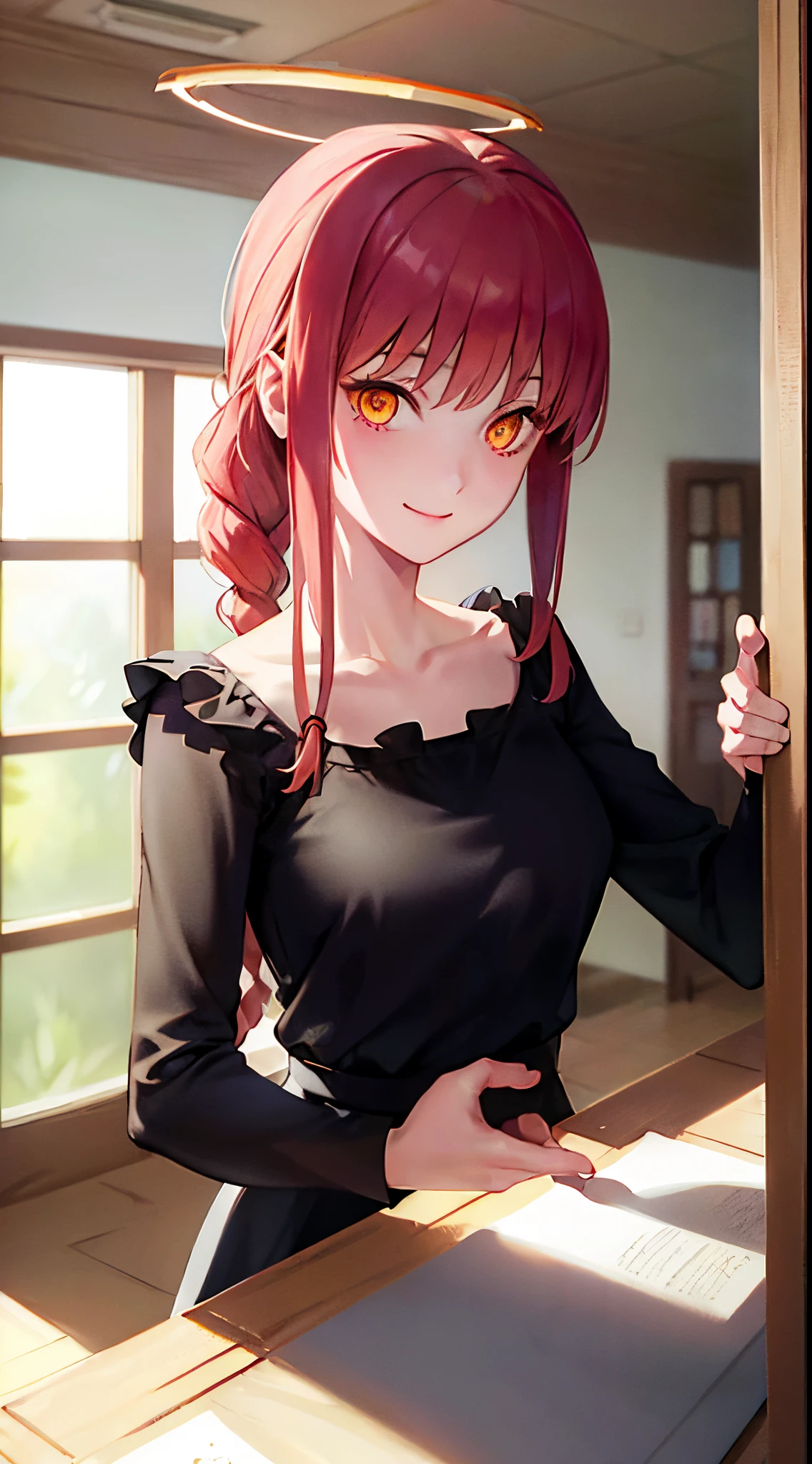 masterpiece, best quality, ultra-detailed, Potrait of beautiful MakimaCSM, solo, breasts, looking_at_viewer, smile, long_sleeves, dress, medium_breasts, collarbone, upper_body, black_dress, halo, volumetric lighting, best quality, masterpiece, intricate details, tonemapping, sharp focus, hyper detailed, trending on Artstation,