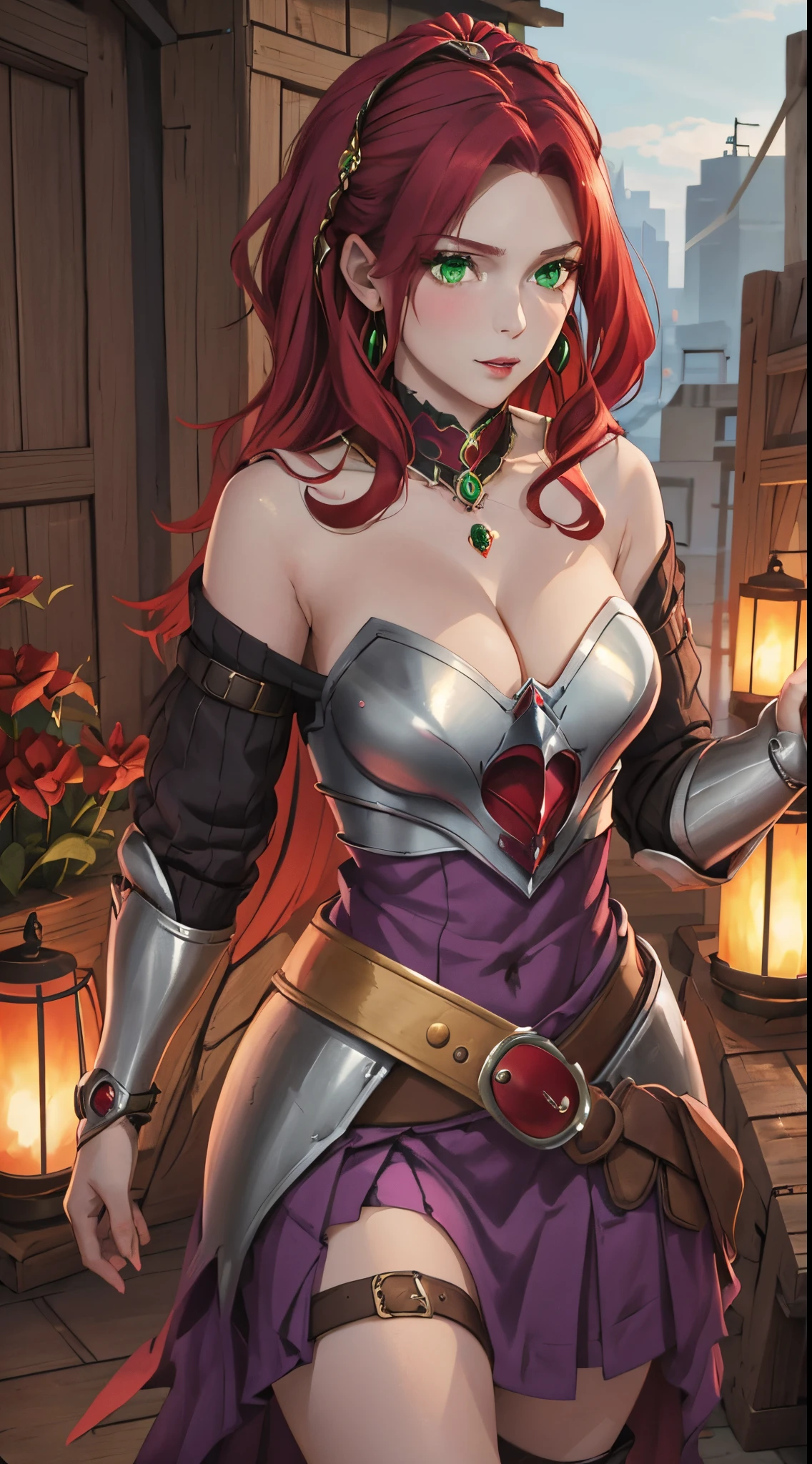 malty melromarc, upper body, 1girl, red jewelry, green eyes, red hair, steel armor, belt, cleavage, bare shoulders, purple skirt,