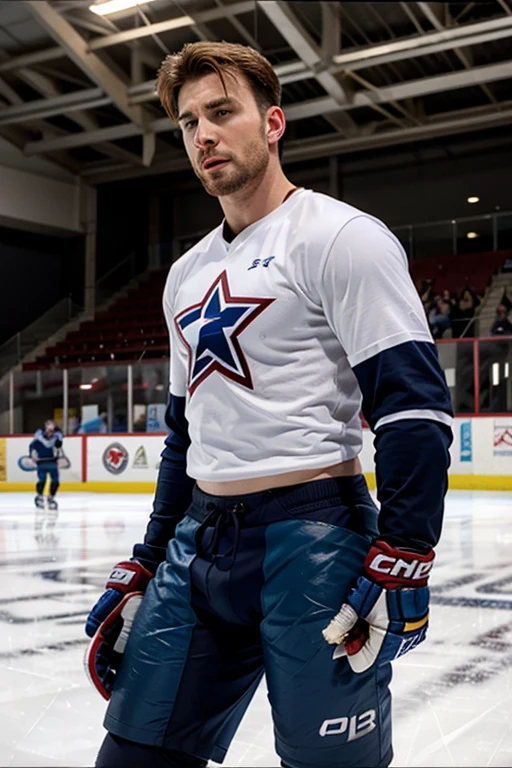 chris evans is a ice hockey player, muscular body, massive bulge, he is in an ice rink