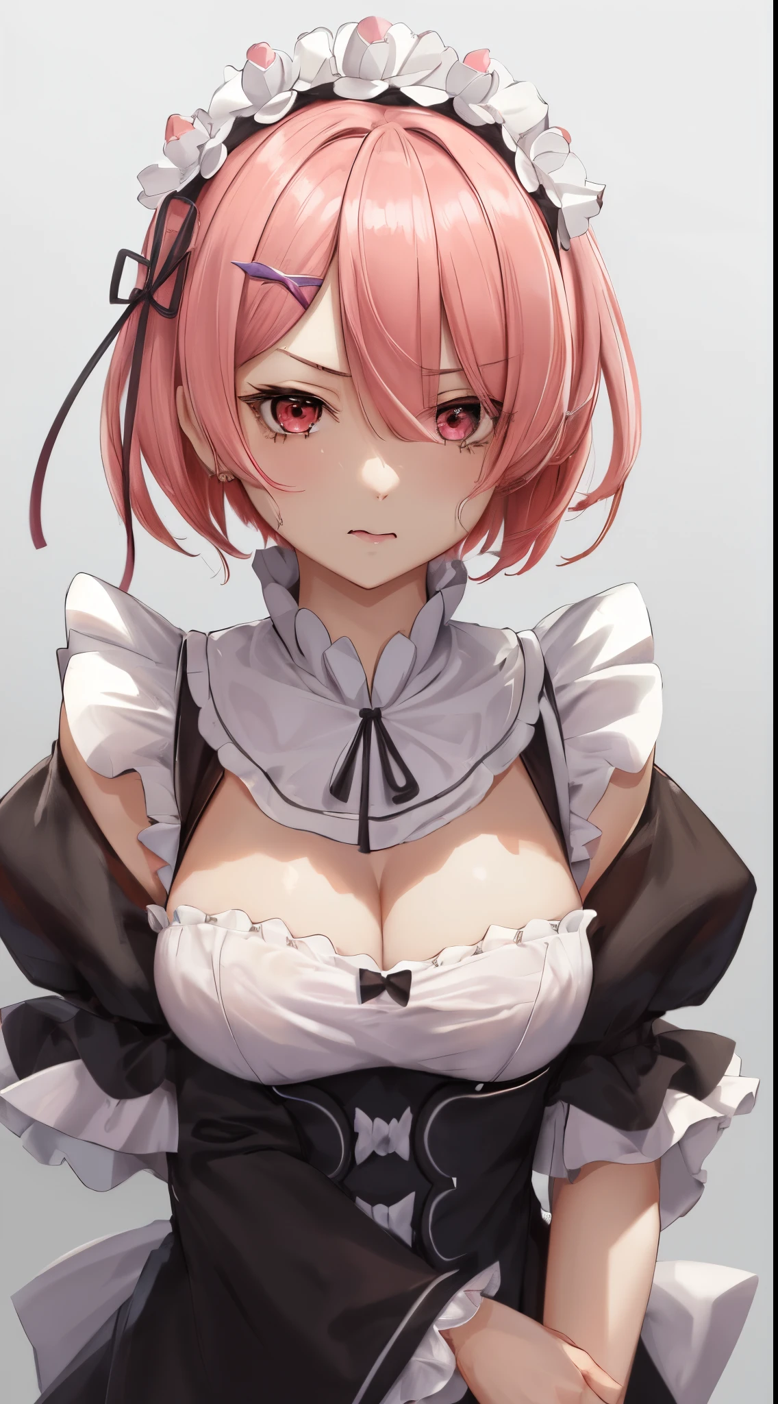 (best quality:1.2), (ultra-detailed:1.2), masterpiece, 8k wallpapers, extremely detailed, 1girl, Ram_ReZero, pink hair, short hair, (upper body:1.2), angry