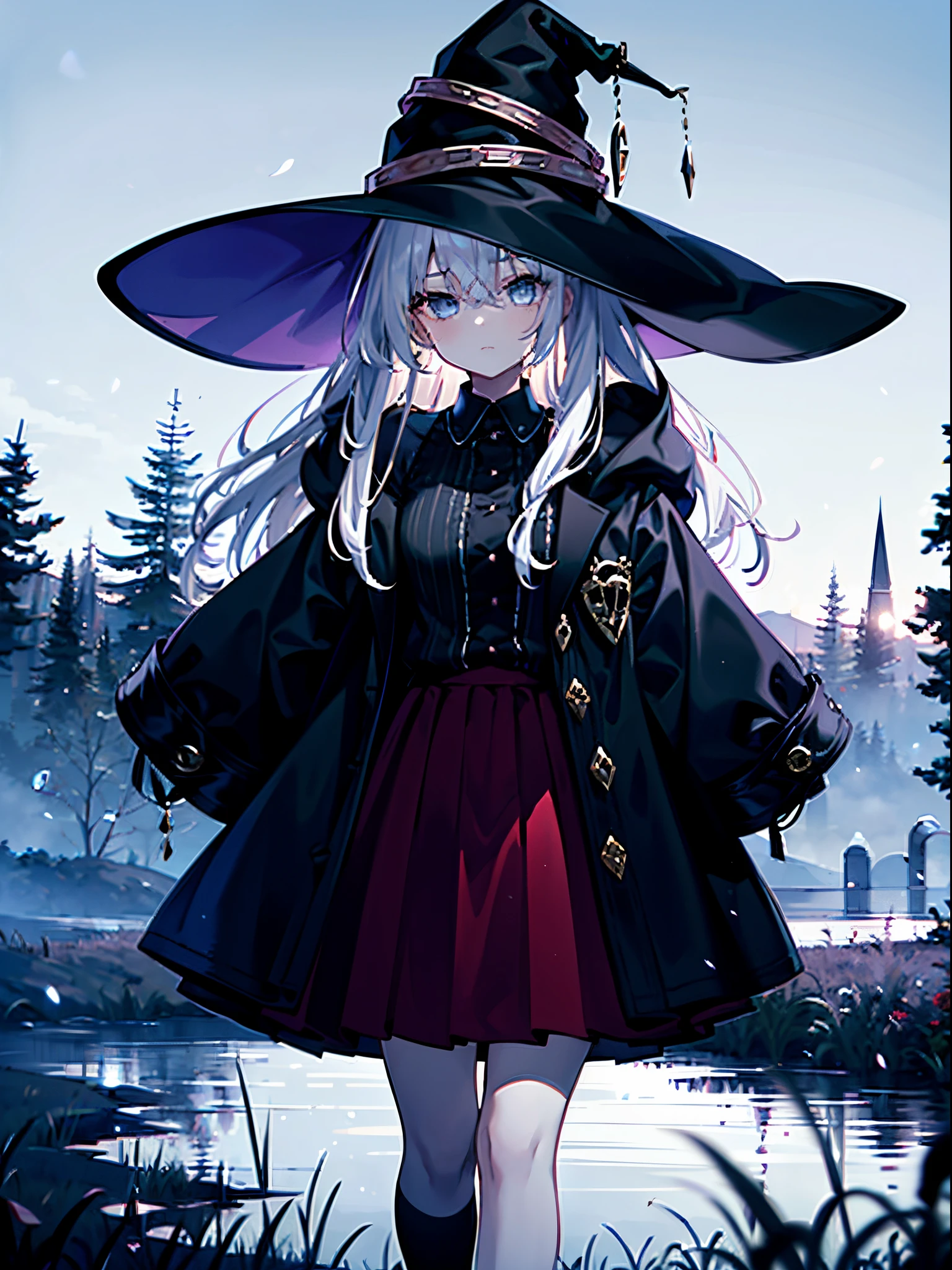 (masterpiece,best quality,ultra-detailed),1girl, black shirt,dark red skirt, striped skirt, only black shirt for girls, bare shoulders, human witch, black witch hat,in a meadow, night,(grey theme),(pastel colors theme)