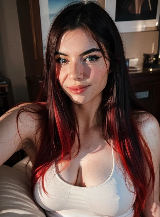 (photorealistic:1.4),8k,(masterpiece), best quality, highest quality, (detailed face:1.5),original,highres, unparalleled masterpiece, ultra realistic 8k, perfect artwork, ((perfect female figure)), narrow waist, skinny,detailed skin, epiCRealism, fcPortrait, laying in bed, white top,