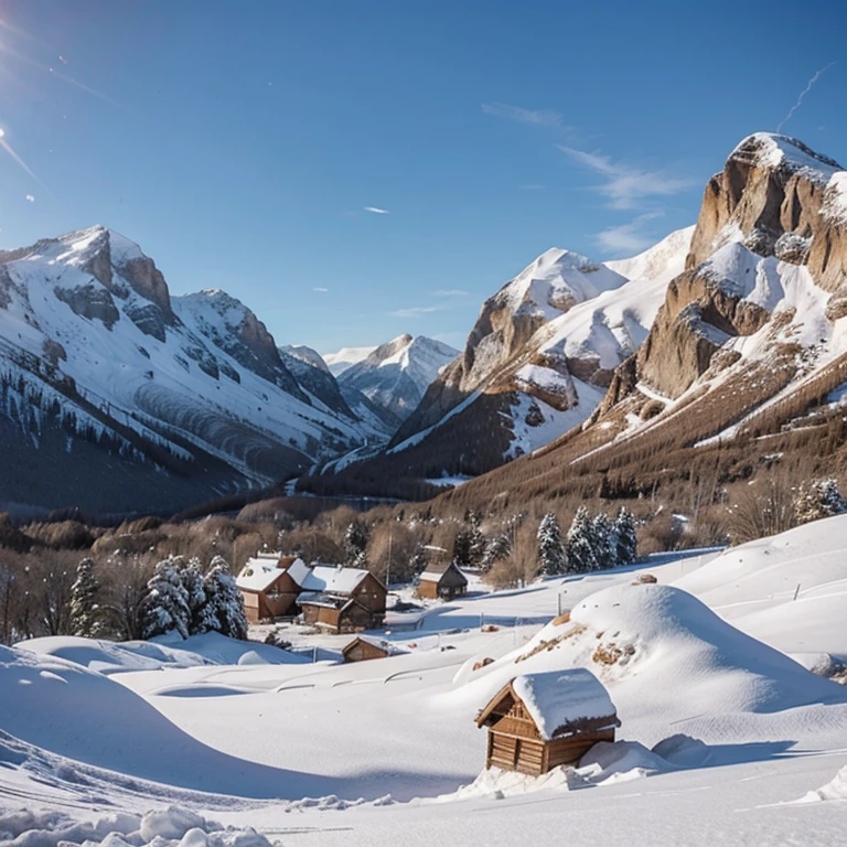 Please create a mountain scene with a winter atmosphere, also add some animals and a village