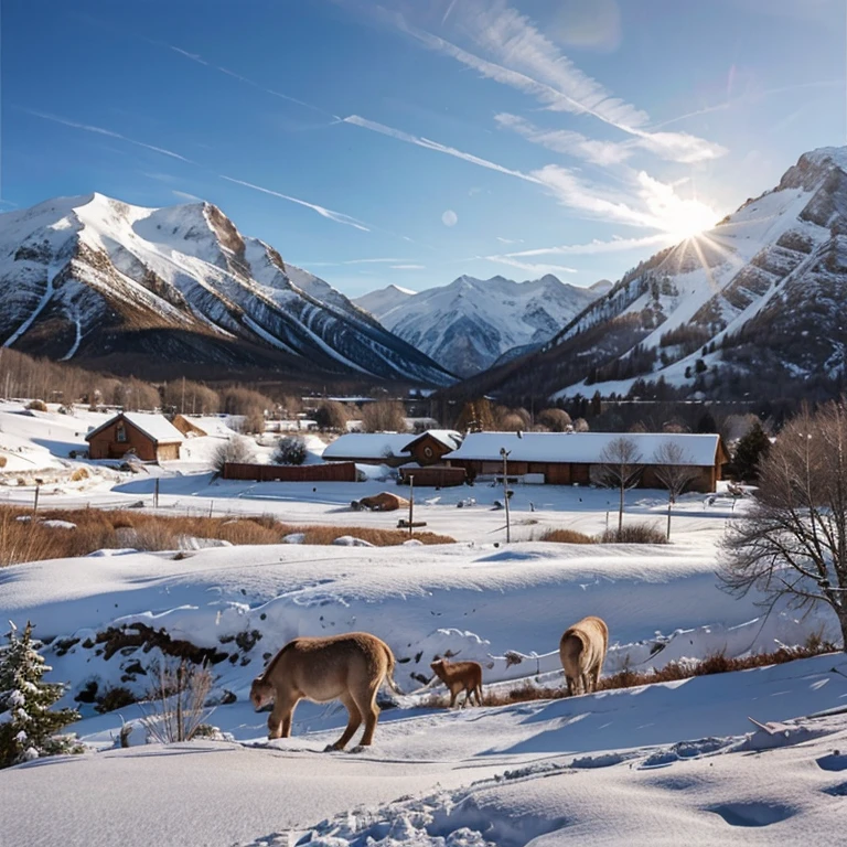 Please create a mountain scene with a winter atmosphere, also add some animals and a village