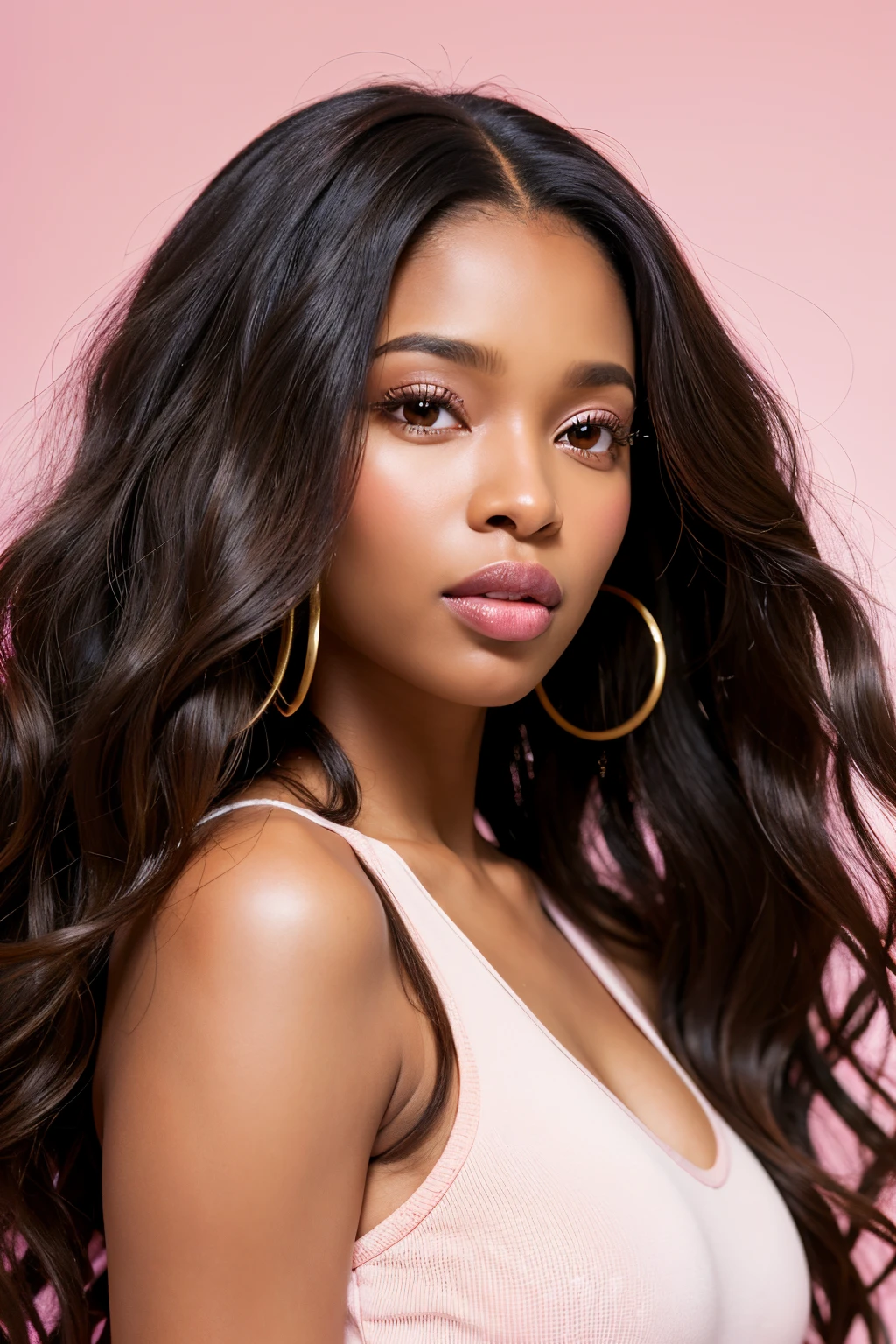 an ultra realistic  photoshoot for Hair Extensions company, featuring a chocolatey skin black woman, African American, with middle part Brazilian loose waves, wearing a all white, pink colored backdrop