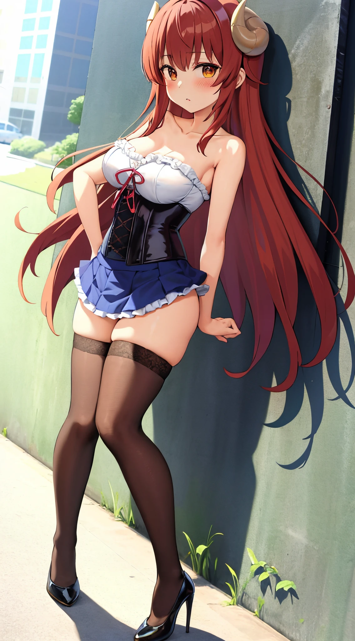 best quality, masterpiece, highly detailed, illustration, 1girl, solo, yoshida yuuko \(machikado mazoku\), horns, shamiko, corset, thigh highs, high heels, city street, (blush), glossy lips, makeup, standing, collarbone, skinny thighs