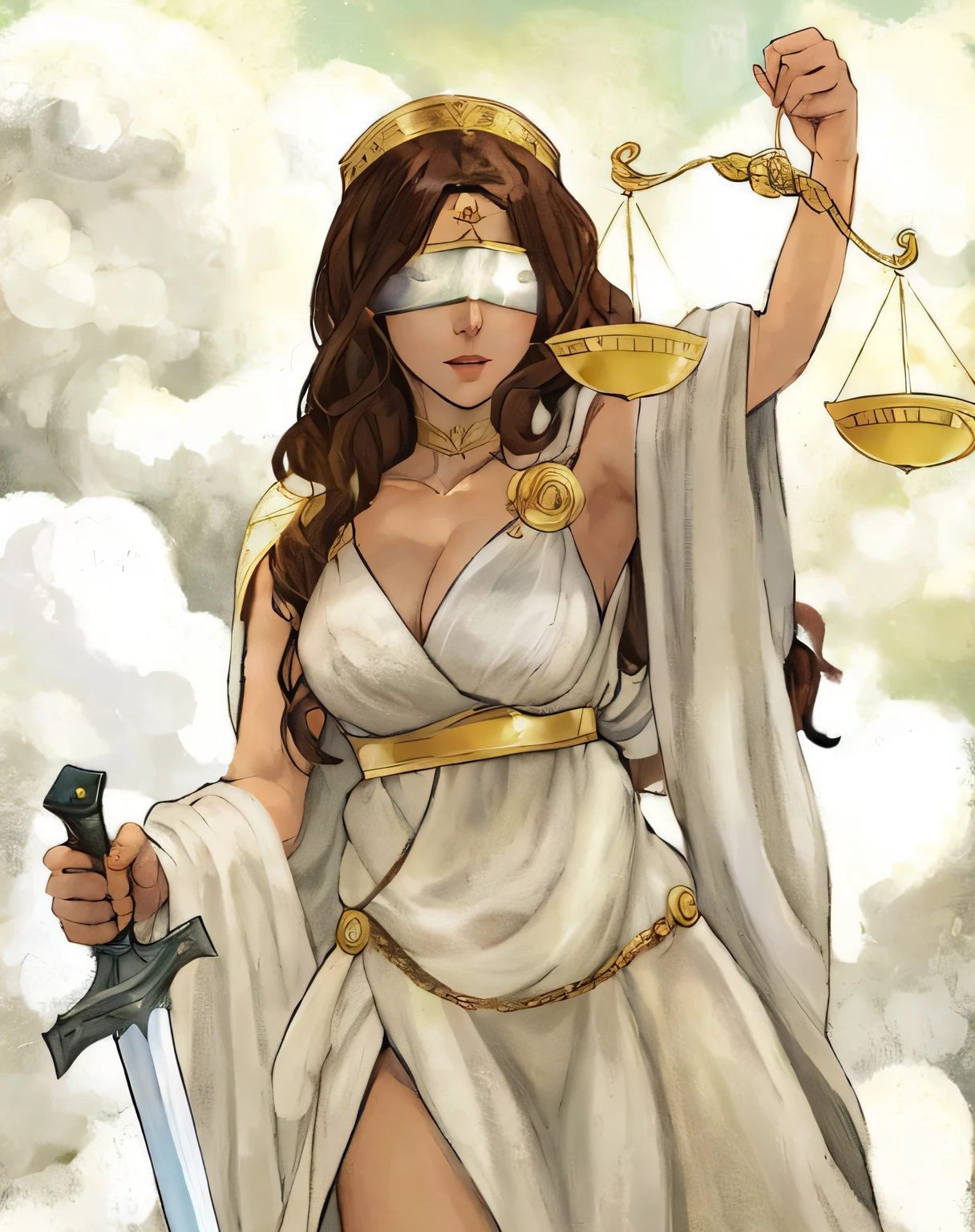 a woman in a white dress holding a sword and scales, the justice tarot card, inspirado em Henry Justice Ford, greek titan goddess themis, Justice, A Deusa Hera parecendo irritada, Deusa da mitologia grega, Frank Cho, O Deus Atena, inspirado em Evelyn De Morgan, Deusa grega Atena, the goddess hestia, arte da capa dos quadrinhos de phil noto, Deusa grega