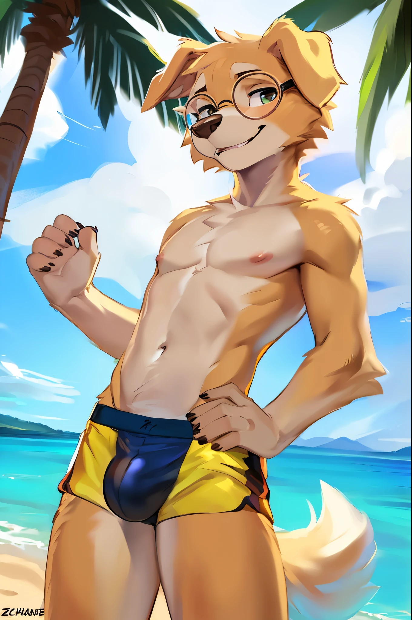 By chunie, by bebebebebe, by teranen, by fluff-kevlar, by zaush, by fluff-kevlar by Zackary911, uploaded to e621, (((high quality))), Furry, solo, (((Jack))), (golden retriever), Beastars, topless, nipples, (((twink))), (((very small swim trunks))), (((tight clothing))), (bulge), (hands on waist), (((round glasses))), background, ((detailed background)), beach, ocean, (palm trees)