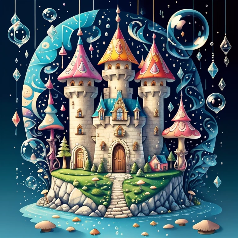 (cute castle with mushrooms and bubbles) Munchkin, Geometric multidimensional wall portrait, livro de arte, Tchibi,
Yang08k, Beautiful, Colouring,
Obras, of the highest quality, best quality, Arte Oficial, Beautiful and Aesthetic,
