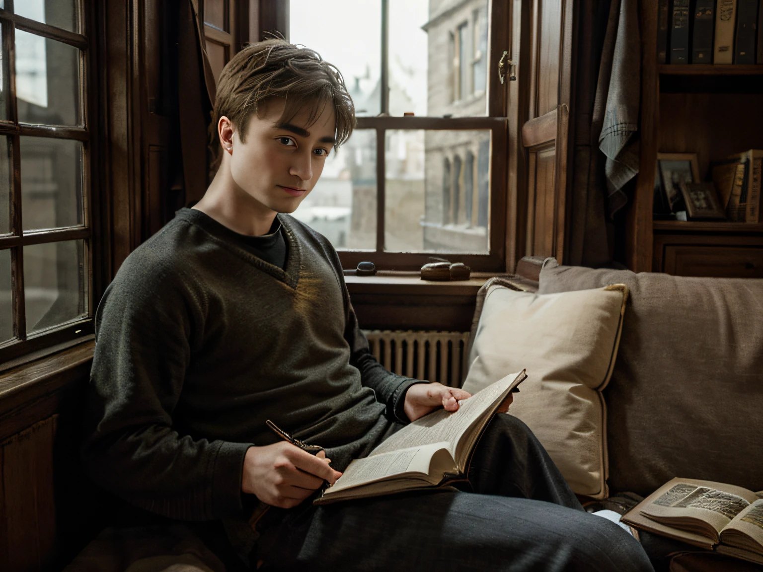 Daniel Radcliffe, In ordinary clothes, I sit on the windowsill and read a book, eyes look into the book, art realistic high quality, Hogwarts style, Charismatic character