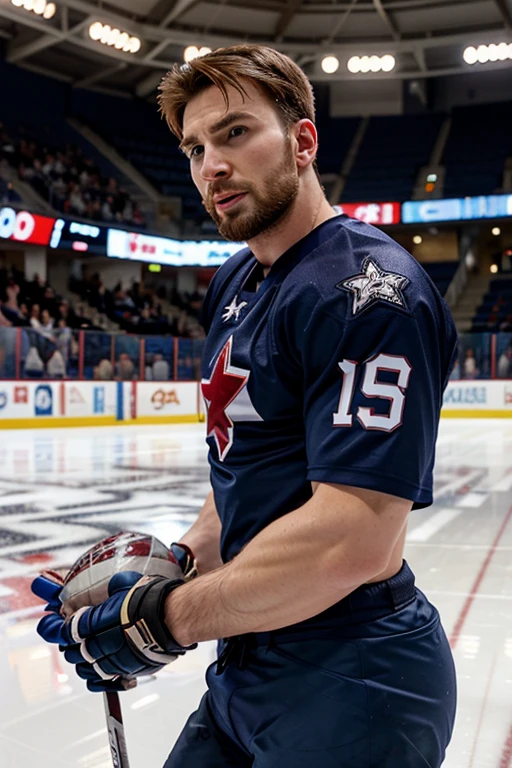 chris evans is a ice hockey player, muscular body, he is in an ice rink
