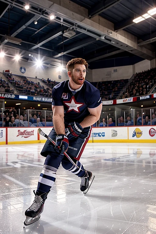 chris evans is a ice hockey player, muscular body, he is in an ice rink