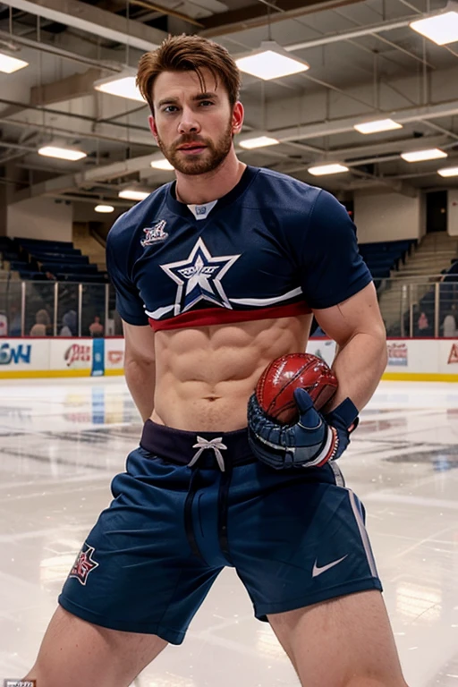 Chris Evans as a hot ice hockey player, massive bulge, muscular body, hot jock, in an ice rink