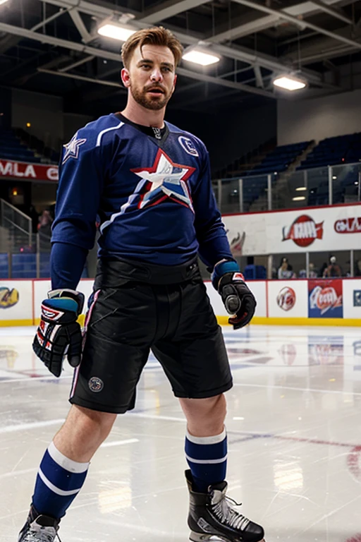 chris evans is a ice hockey player, muscular body, he is in an ice rink, looking submissive and breedable