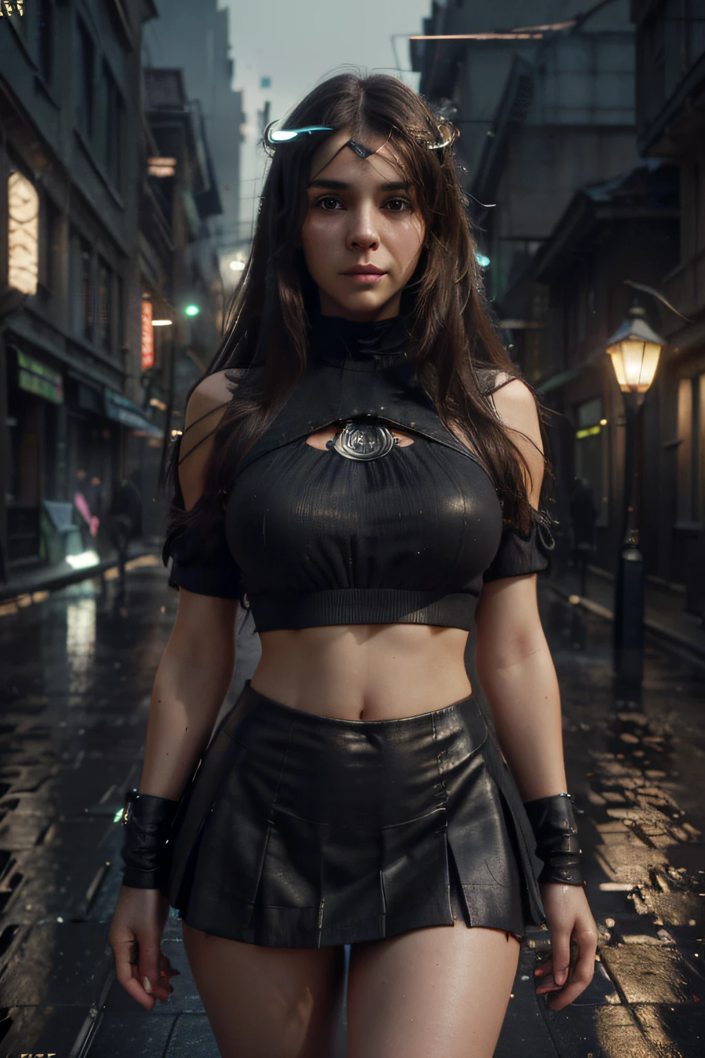 (Professional 3D rendering: 1.3) por (Realistic: 1.3) A foto de arte mais bonita do mundo，Apresenta uma garota sexy e inocente suave e brilhante, ((linda e perfeita jovem,corpo perfeito e quente,vestindo uma saia muito curta e um top, olhar inocente, cabelos muito longos, Cabelos lisos, cabelos castanhos claros, innocent expression in a sexy pose, coxas grossas, rosto que lembra Leah Gotti, fantastic location, Ambiente majestoso e desordenado)), Unidade de corpo 16k renderiza comprimento total, action shot, skin pores, The Dark Lighting, sombreamento pesado, rosto circunstancial e detalhado, (grade de fotos vibrante e realista, Realistic, Dramatic, Escuro, foco nítido, 8k), ((((Use a pele))) ), (intrincado: 1.4), (altamente detalhado: 1.4), pintura digital, octane rendering, art stations, arte conceitual, smooth and sharp focus, germe da arte, (Loish:0.23), Wlop Ilya Kuvshinov, e Greg Rutkowski e Alphonse Mucha Gracias, (global ilumination, studiolight, volumetric light), chuva forte, floating particles, Malandro, fantasia, Onze, corpo inteiroesbian, ((Fundo escuro da cidade velha: 1.3)), CGSociedade, art stations
