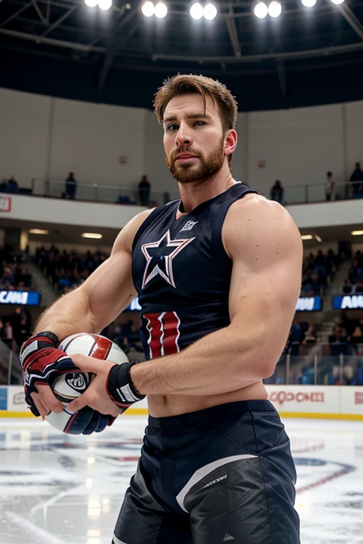 Evans as a hot ice hockey player, massive bulge, muscular body, hot jock, in an ice rink, gay