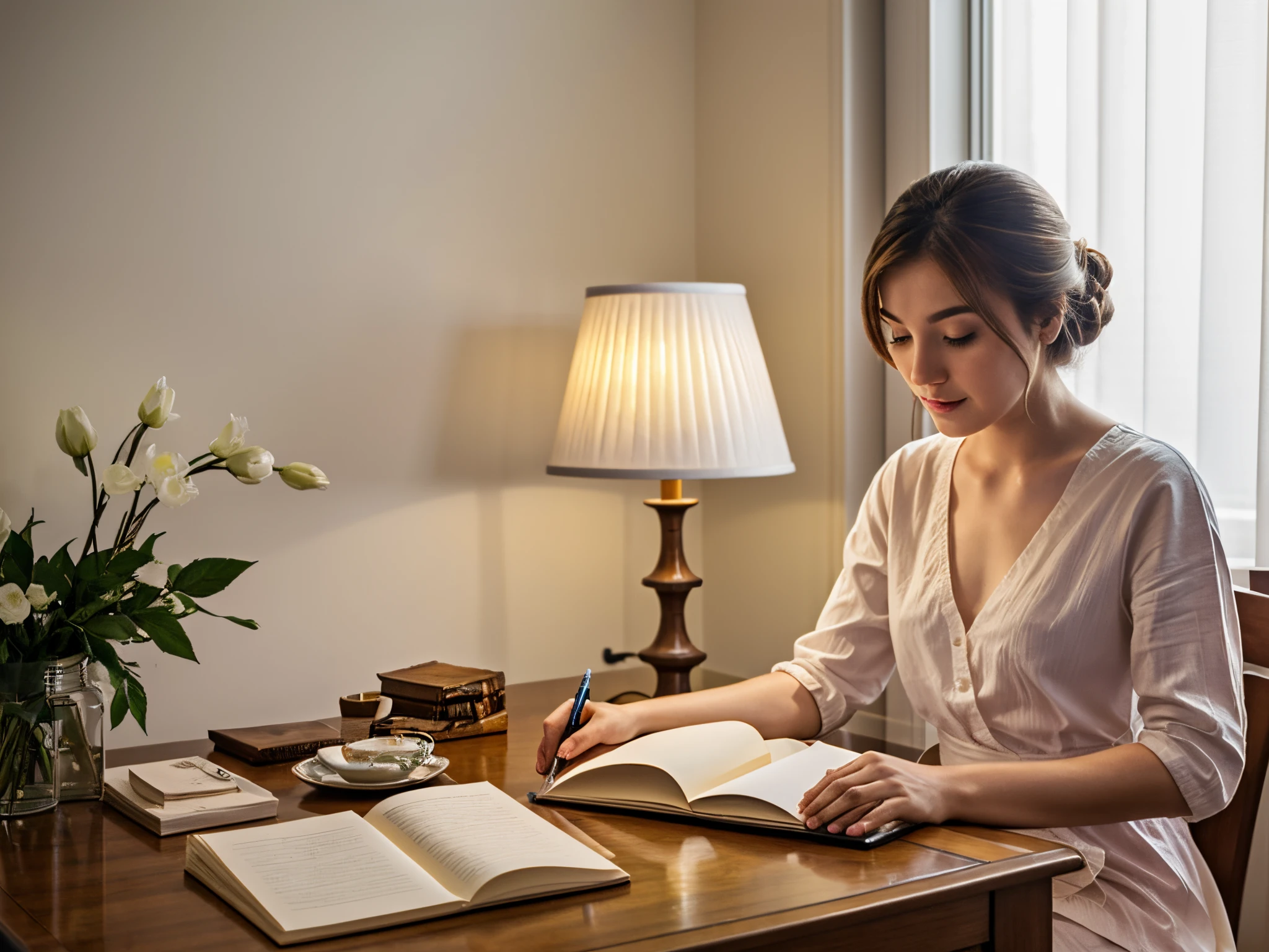 In a serene room, a gentle glow emanates from a dim yellow lamp. A man is seated at a table, engrossed in his creative endeavor, surrounded by scattered papers and notebooks. On the other side, a woman stands with anticipation, holding an autograph book. She gazes at him, seemingly admiring his work from a distance. The entire scene is wrapped in the tranquility of this fleeting moment, as if time has come to a standstill. Through the gaps in the curtains, bright moonlight streams into the room, outlining this frozen tableau. The colors are vibrant and full, and the high contrast lighting adds a touch of mystery to the scene.