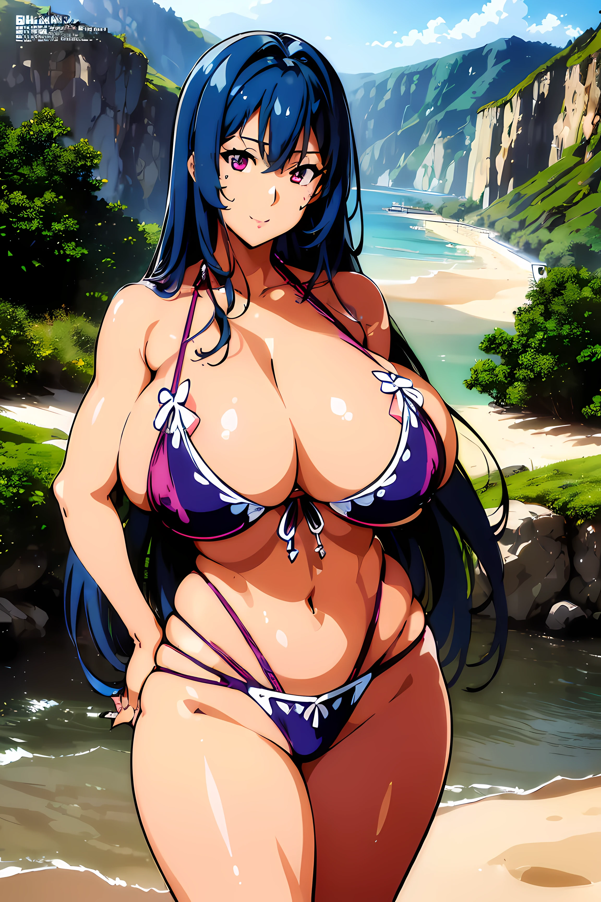 (Masterpiece:1.5), (Extremely detailed:1.5), (Best quality:1.5), (Nijou Aki:1.5), NJAkiV4, create-ki (en anglais seulement)!, aki nijou, (finely detailed eyes:1.9), (extremely detailed eyes:1.9), (Nuit), (clivage:1.6), ((huge breasts:1.7)), Regarder le spectateur, (bikini:1.6), (plage:1.5), (sable), corps entier, (Ultra-defined face), (extremely detailed face:1.9), Sinueuse, (grandes hanches:1.4), beau corps, beau visage, proportion de seins, (taille mince), (1fille:1.7), content, sourire, (debout), poitrine, gros seins, Extremely huge breasts, gros seins, serviette nue, sexy, cheveux bleus, dark blue hair, yeux bruns, sexy pose, main sur les hanches