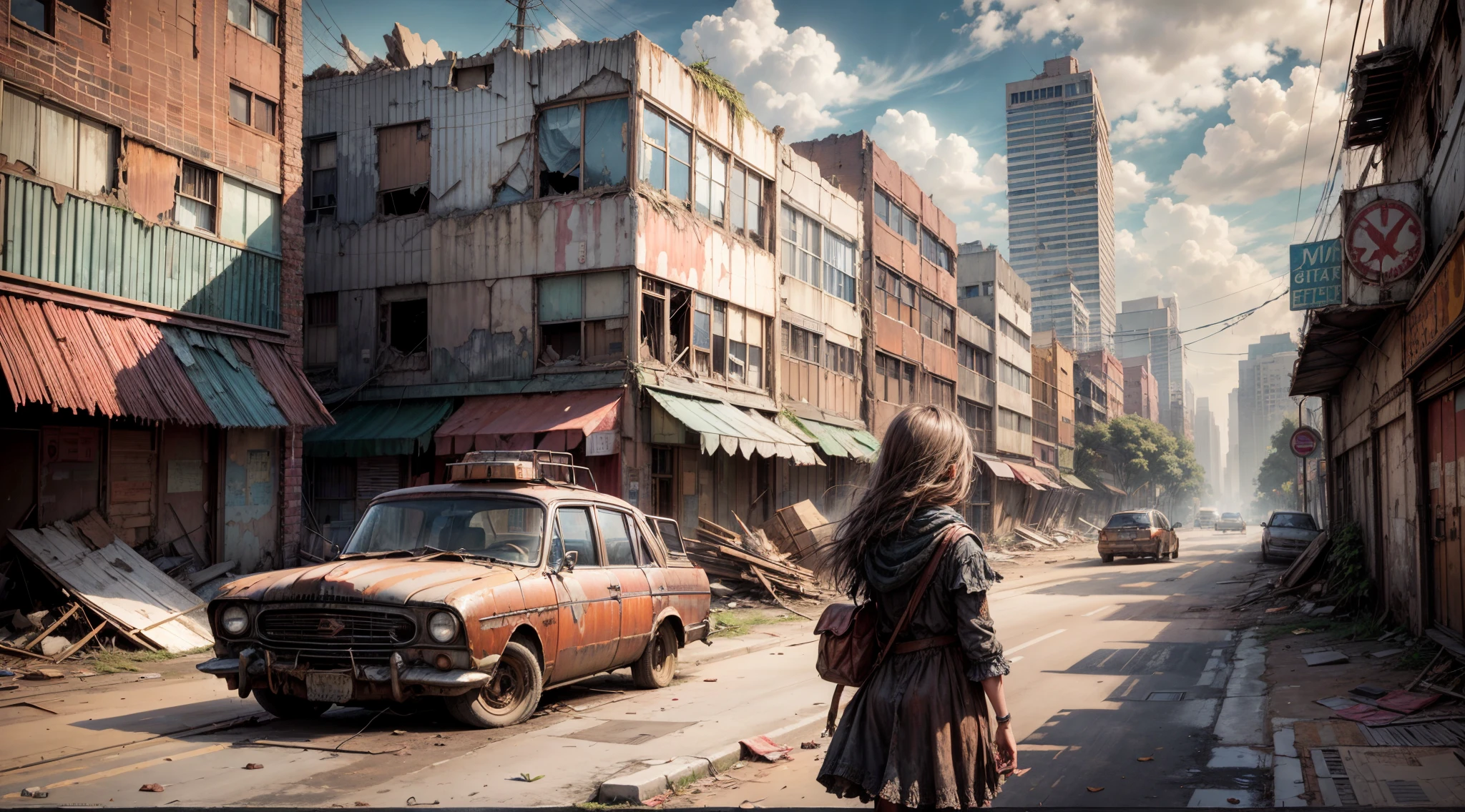 In the desolate streets of an abandoned city, a young girl walks hand in hand with a , their presence a flicker of life in a place forgotten by time. The city's once bustling thoroughfares now lie silent, their emptiness accentuated by crumbling buildings and overgrown vegetation. Broken windows peer out like shattered dreams, while rusted cars and debris bear witness to the city's gradual decay. The girl's resolute gaze