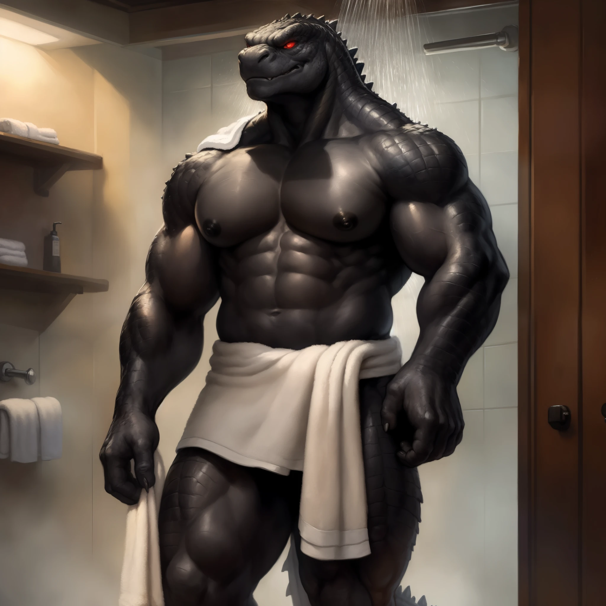 standing (((wearing towel))) , white shower room, a beautiful and detailed portrait of a huge male feral godzilla, red eyes, glowing eyes, black body, black skin, black nipples, nipples, buff, tail, kenket, Ross Tran,ruan jia, trending on artstation,foxovh, cenematic lighting, vip, body, full body, big body, muscular anthro, big pecs, front view