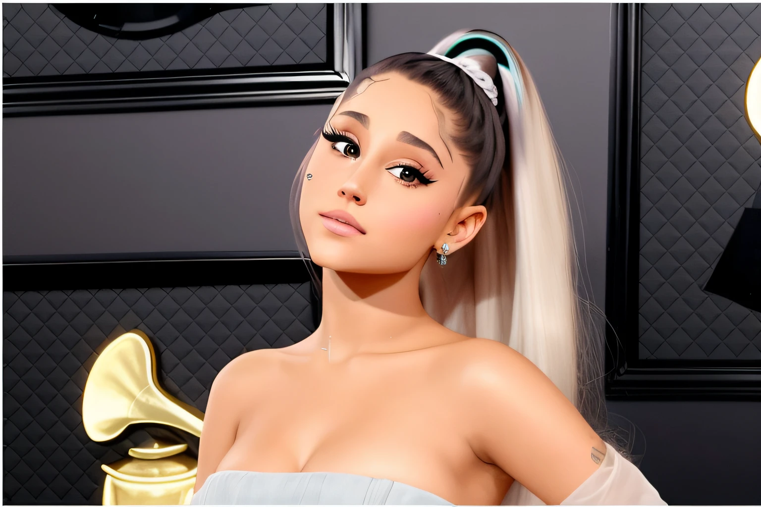 ariana  posing for a picture in front of a record, ariana grande, portrait of ariana grande, ariana grande photography, ariana grande in gta v, ariana grande in star wars, ariana grande as a mermaid, ariana grande as a sith, painting of ariana grande, ariana grande portrait painting, taken in the early 2020s, her hair  in a pony tail