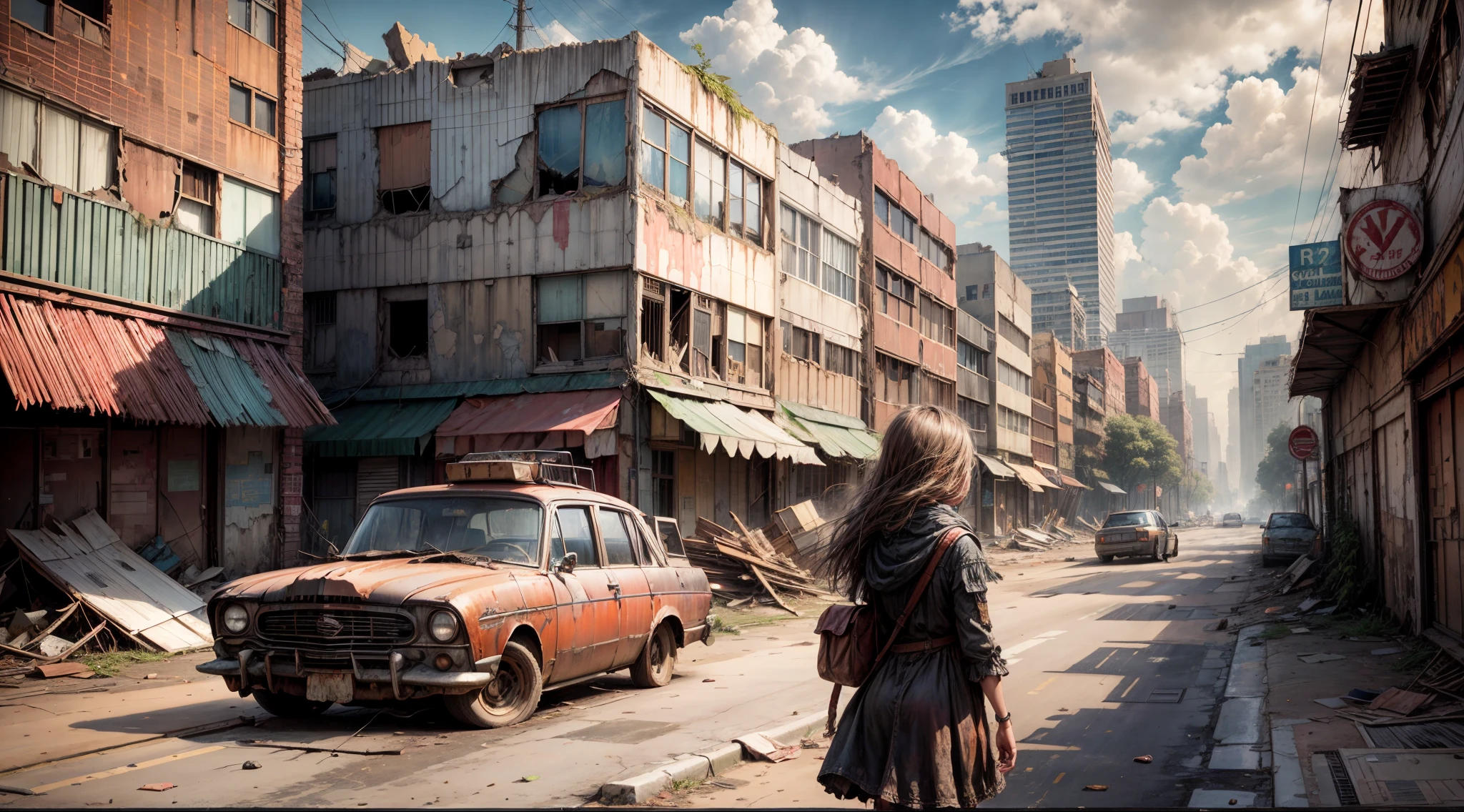 In the desolate streets of an abandoned city, a young girl walks hand in hand with a young girl child, their presence a flicker of life in a place forgotten by time. The city's once bustling thoroughfares now lie silent, their emptiness accentuated by crumbling buildings and overgrown vegetation. Broken windows peer out like shattered dreams, while rusted cars and debris bear witness to the city's gradual decay. The girl's resolute gaze