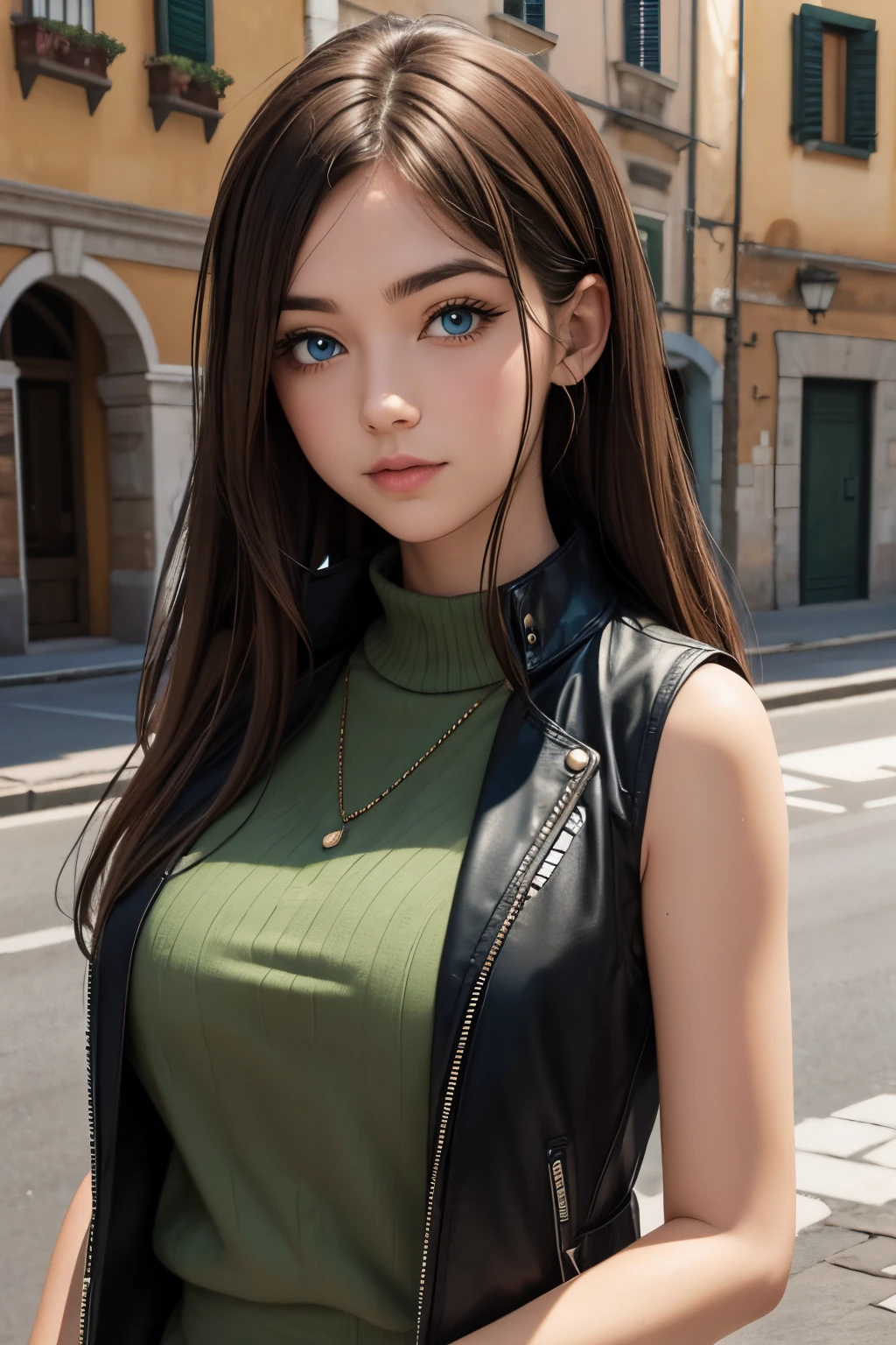 version anime Italian Girl (blue eyes and brown hair, wearing sleeveless jacket green and black at Italy)
