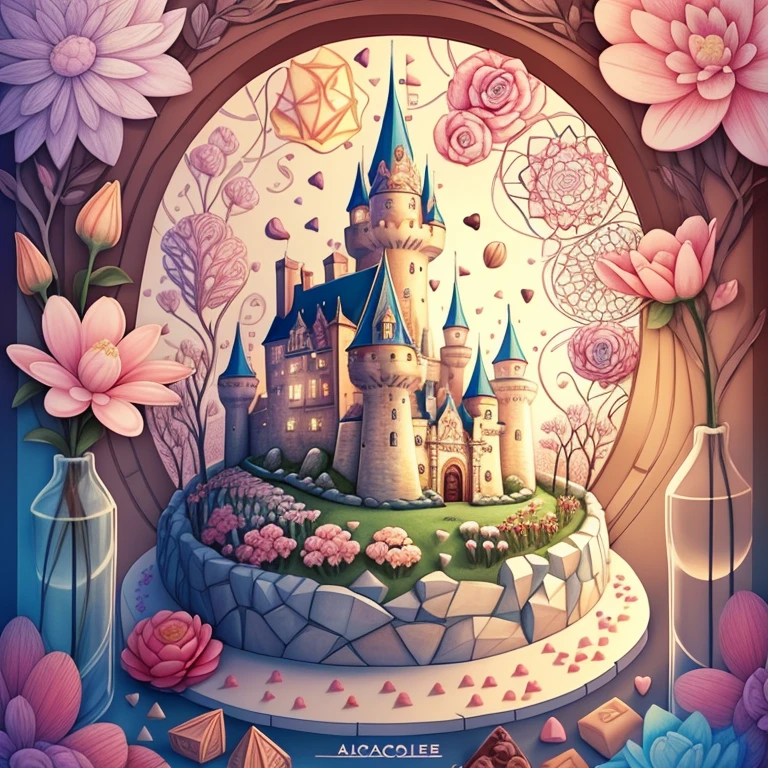 (cute castle with chocolates and flowers) Munchkin, Geometric multidimensional wall portrait, livro de arte, Tchibi,
Yang08k, Beautiful, Colouring,
Obras, of the highest quality, best quality, Arte Oficial, Beautiful and Aesthetic,