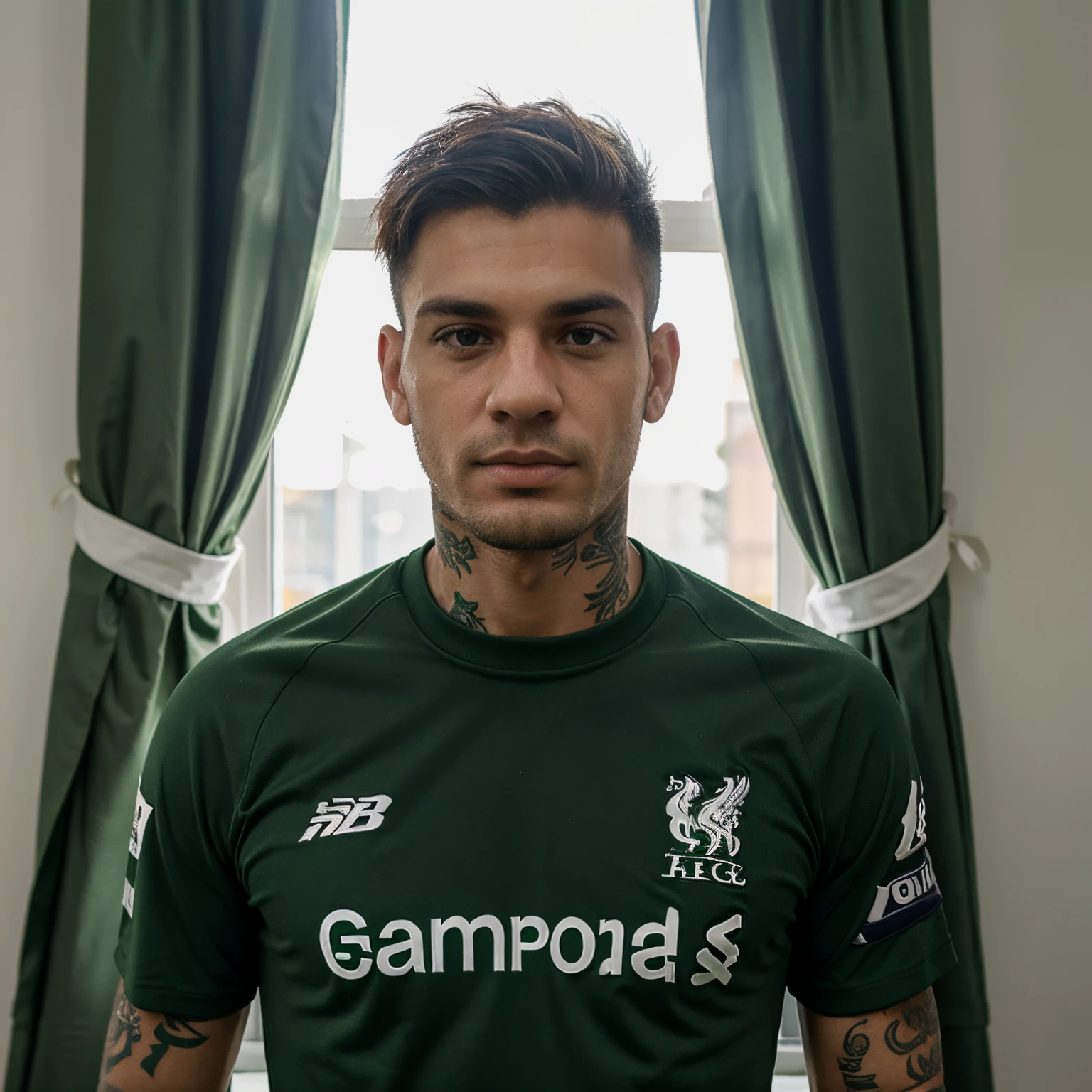 Homen com uniforme do liverpool verde com tatuagem no braco